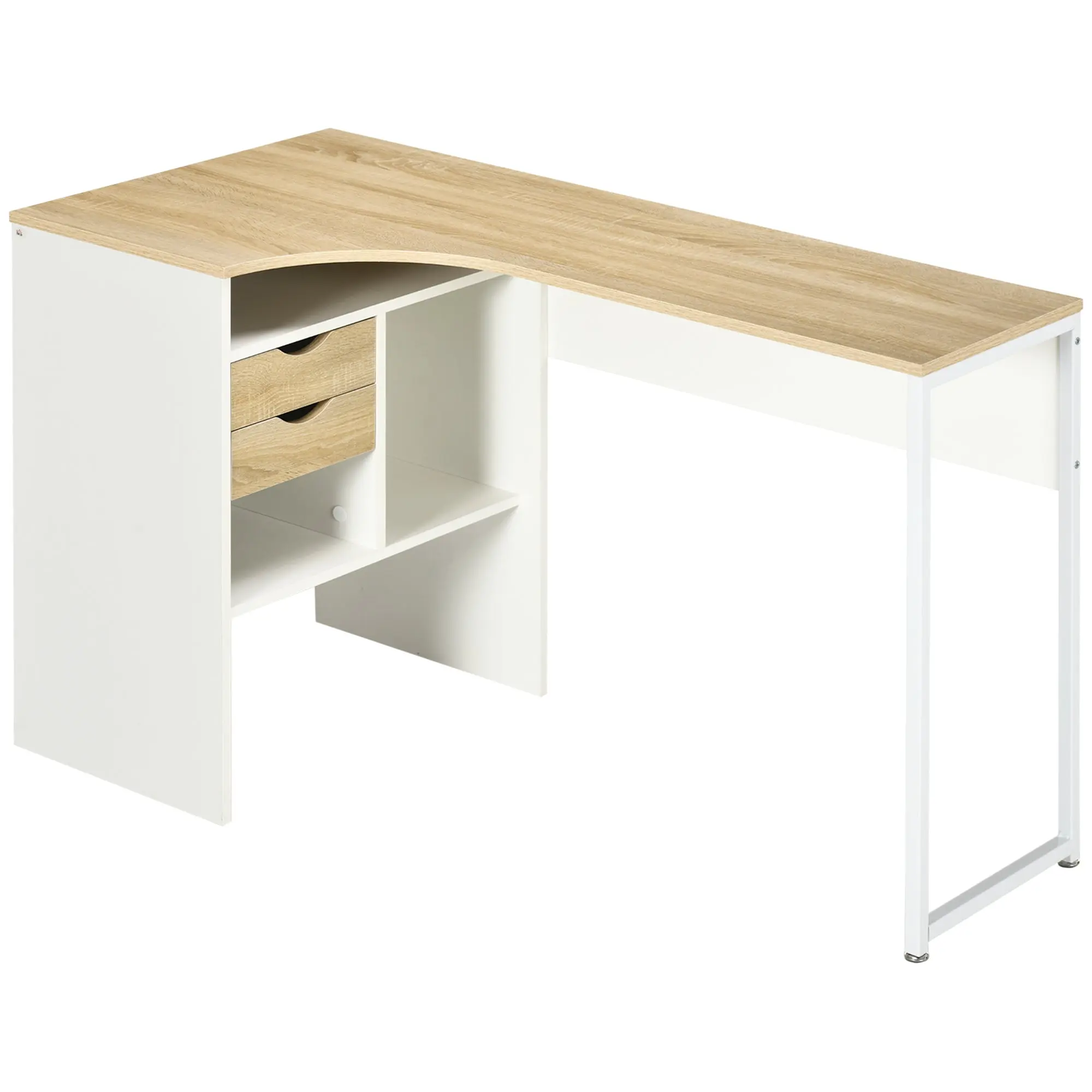 Bureau d'angle avec 2 tiroirs, 120 x 60 cm, bureau en L avec 3 compartiments ouverts, table informatique pour étudier, travailler, chambre, maison, aspect chêne clair