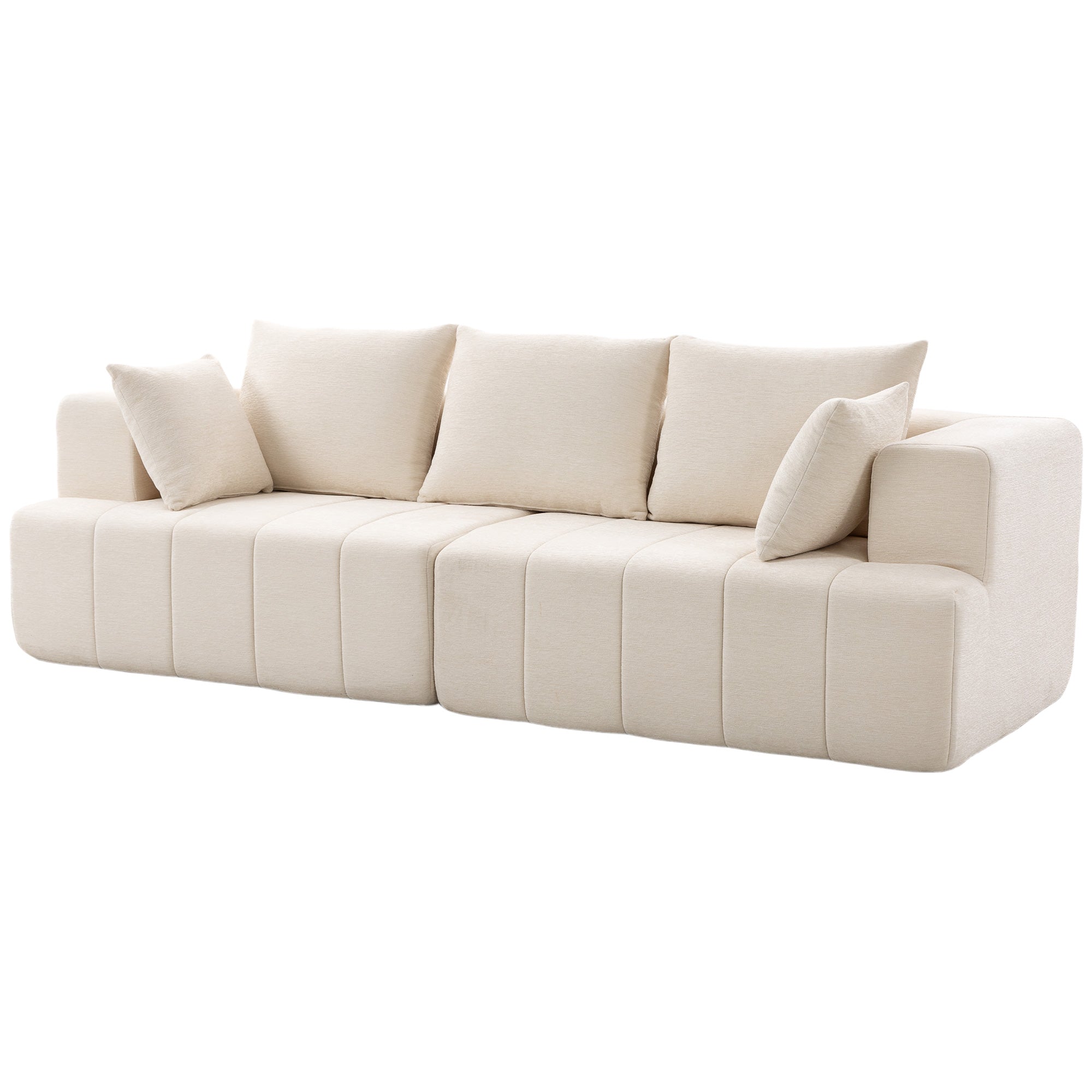 Canapé 3 places en chenille 248 cm, canapé salon moderne, large assise rembourrée, coussins à ressorts, larges accoudoirs, 2 coussins, base antidérapante, pour salon, chambre, beige