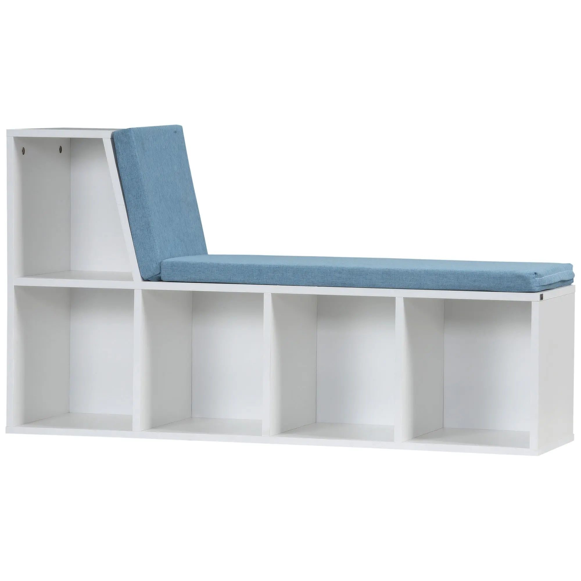 Bibliothèque banc 2 en 1 avec 5 compartiments de rangement et 2 coussins étagère de rangement livres 108 x 30 x 60 cm blanc bleu