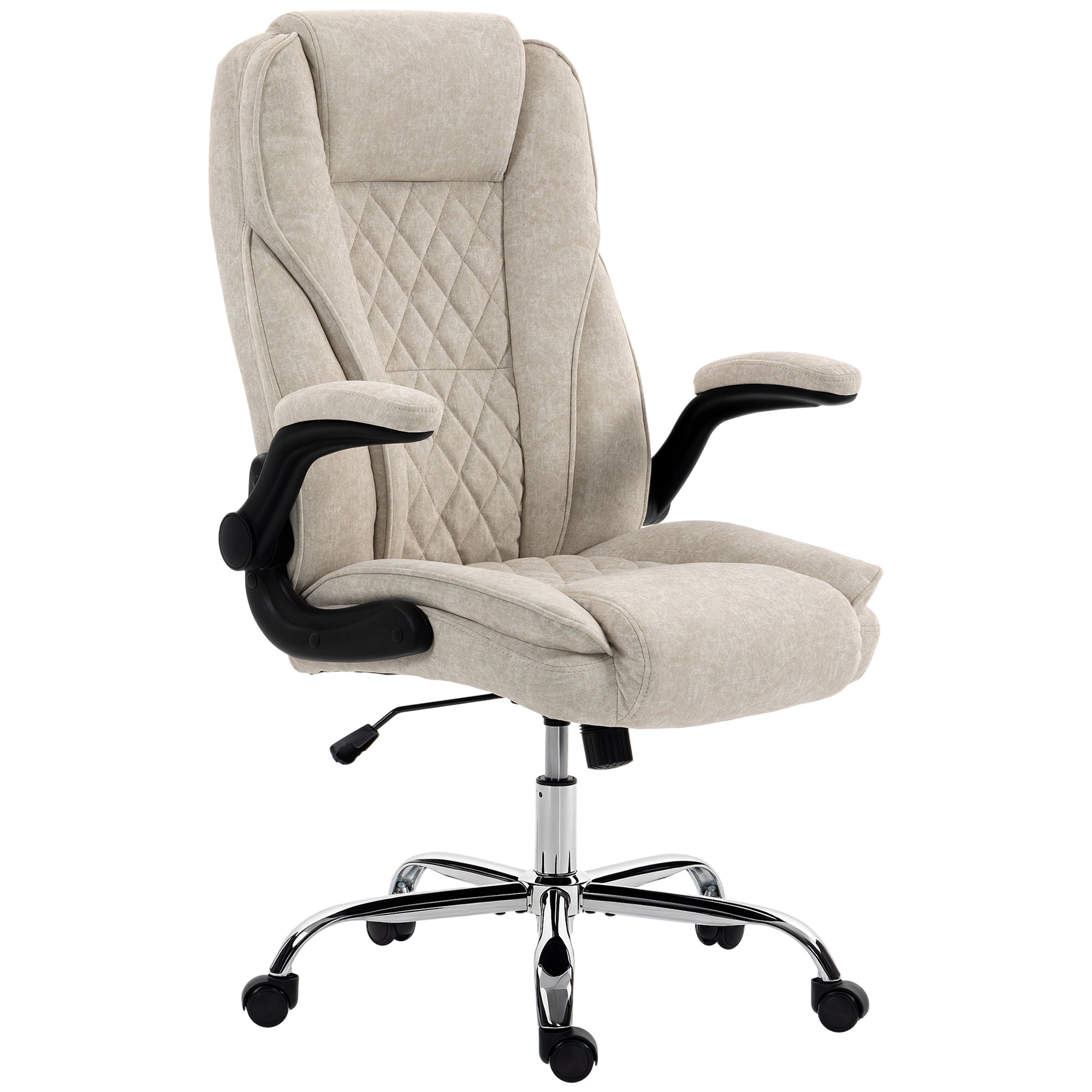 Fauteuil de bureau, chaise bureau ergonomique avec large assise rembourrée, hauteur réglable, accoudoirs relevables, dossier haut, pivotant 360°, tissu en velours, charge 120 Kg, beige