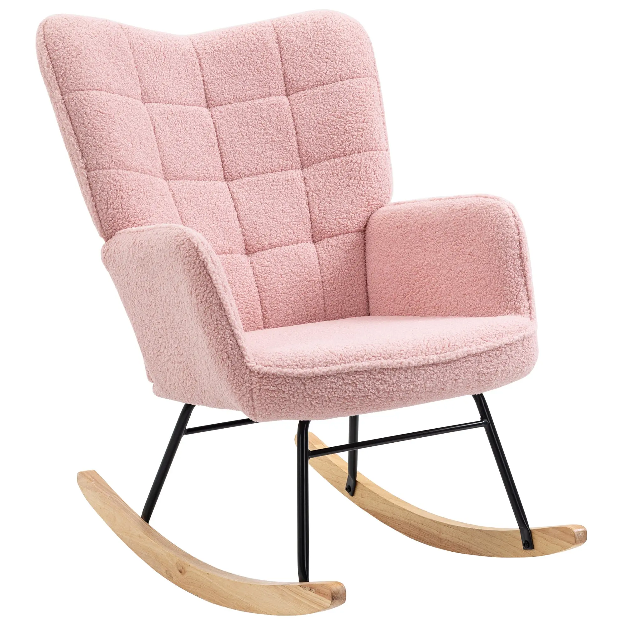 Fauteuil à bascule, rocking chair, revêtement bouclette, fauteuil allaitement, chaise à bascule, structure en acier, pieds en bois massif, rose