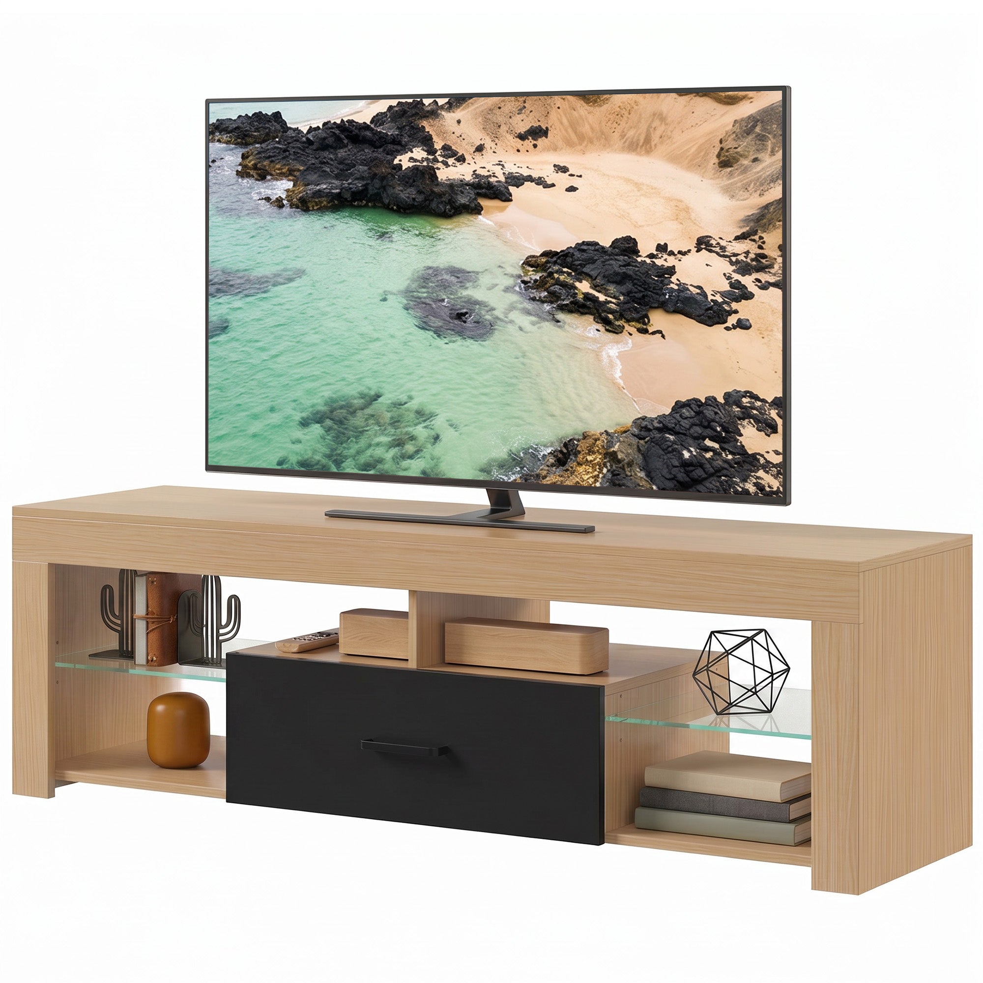 Meuble TV 140 cm, Meuble Télé pour Téléviseur jusqu'à 65 Pouces avec Étagères en Verre Réglables, Tiroir et Compartiments Ouverts, Banc TV Moderne pour Salon, Chambre à Coucher, Chêne