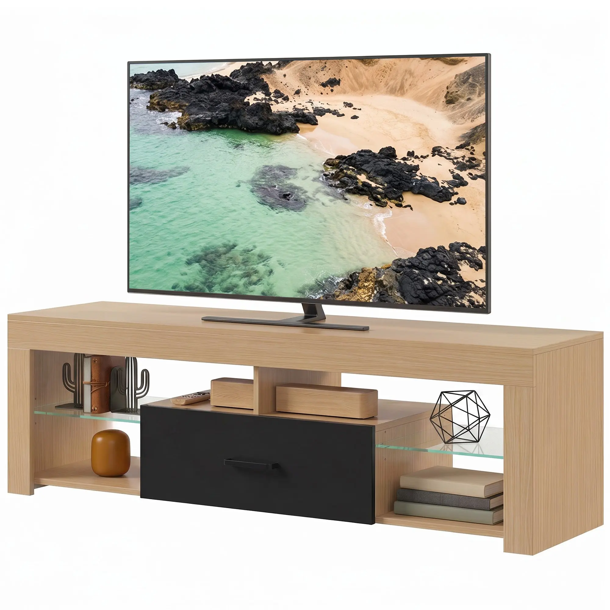 Meuble TV 140 cm, Meuble Télé pour Téléviseur jusqu'à 65 Pouces avec Étagères en Verre Réglables, Tiroir et Compartiments Ouverts, Banc TV Moderne pour Salon, Chambre à Coucher, Chêne