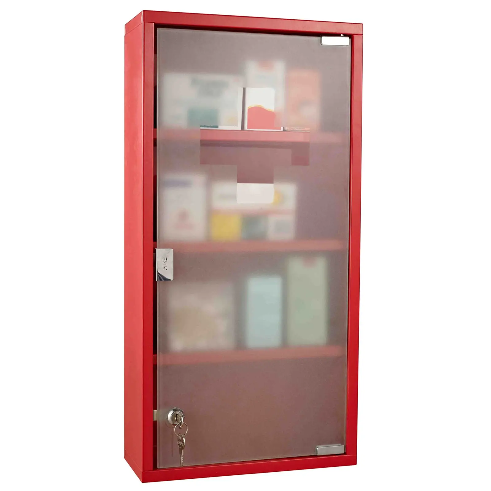 Armoire à Pharmacie 3 étagères 4 Niveaux verrouillable Porte Verre trempé dépoli Logo Croix 30L x 12l x 60H cm Acier Rouge