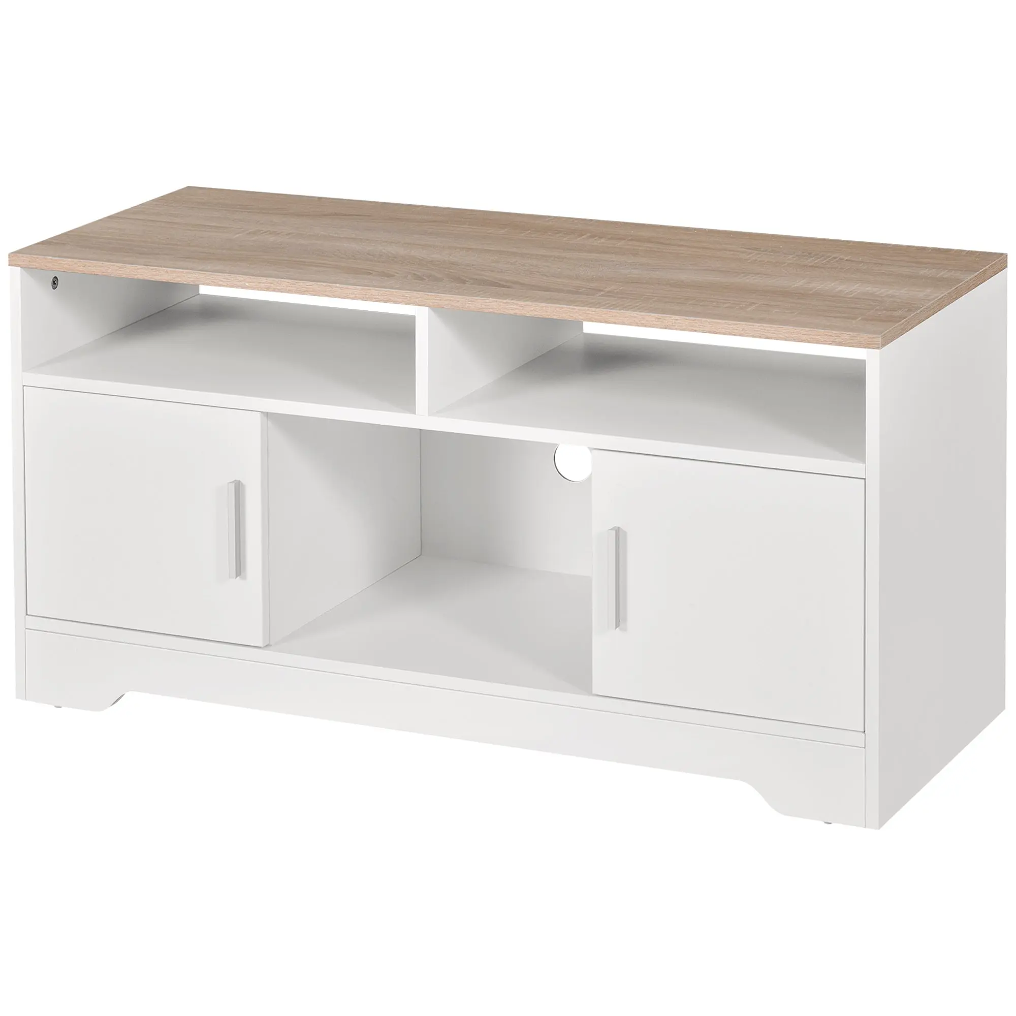 Meuble TV Banc TV en Bois Grand Espace de Rangement avec 2 Compartiments Ouverts 2 Armoires à Porte Une Armoire Ouverte 105 x 40 x 52 cm Blanc