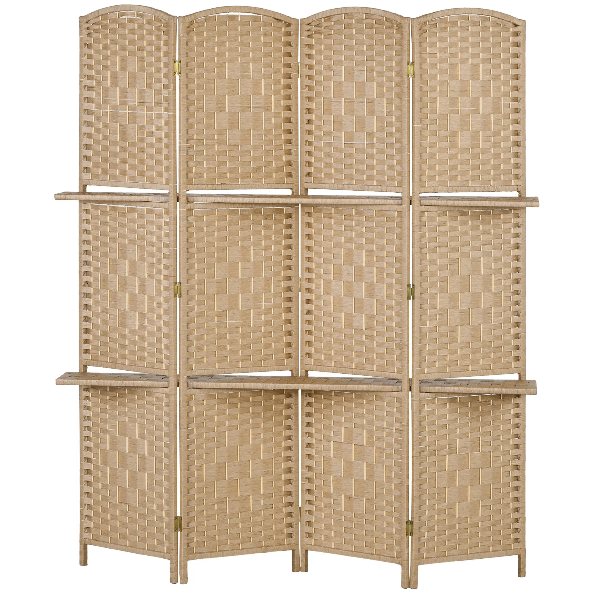 Paravent séparateur de pièce 4 panneaux 160 x170 cm avec 2 étagères, pliable, en bois pour le bureau, salon, chambre, bois naturel