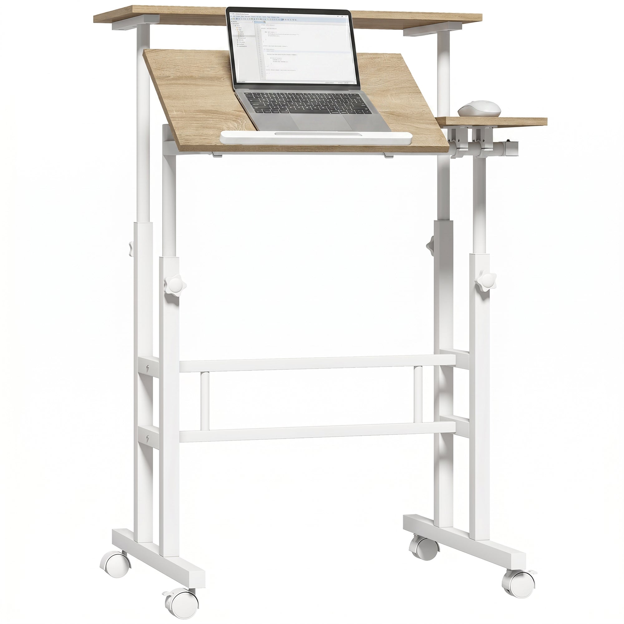 Bureau assis debout, bureau réglable en hauteur 70 x 60 cm, table ordinateur à roulettes avec plateau inclinable, poste de travail pour chambre, petits espaces, marron