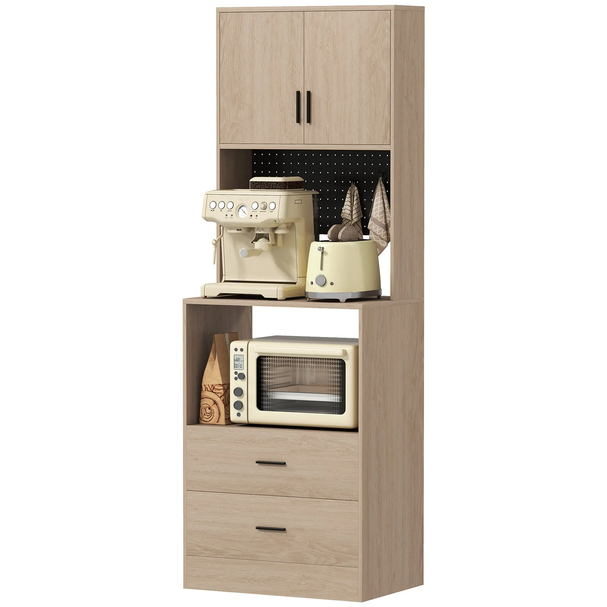 Meuble micro-ondes, buffet, armoire de cuisine, 2 tiroirs, 2 portes, plan de travail, étagère réglable, panneau perforé, 4 crochets, meuble de rangement pour salle à manger, salon, bois naturel