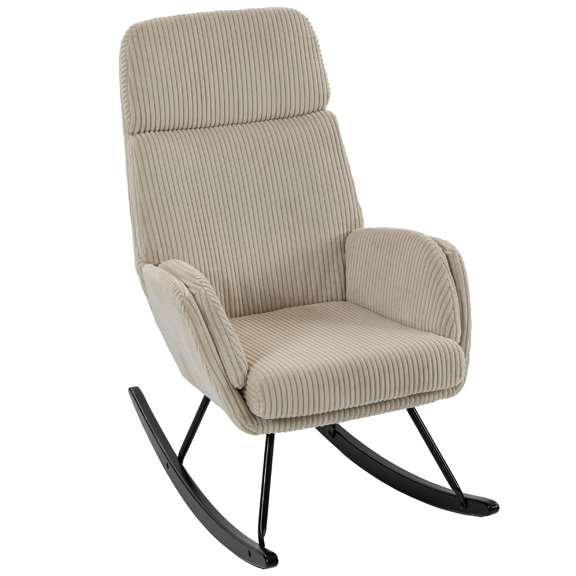 Fauteuil à Bascule, Rocking Chair en Velours Côtelé avec Dossier Haut et Accoudoirs, Assise Rembourrée, Pieds en Bois d'hévéa, Chaise à Bascule Moderne pour Salon, Chambre, Beige
