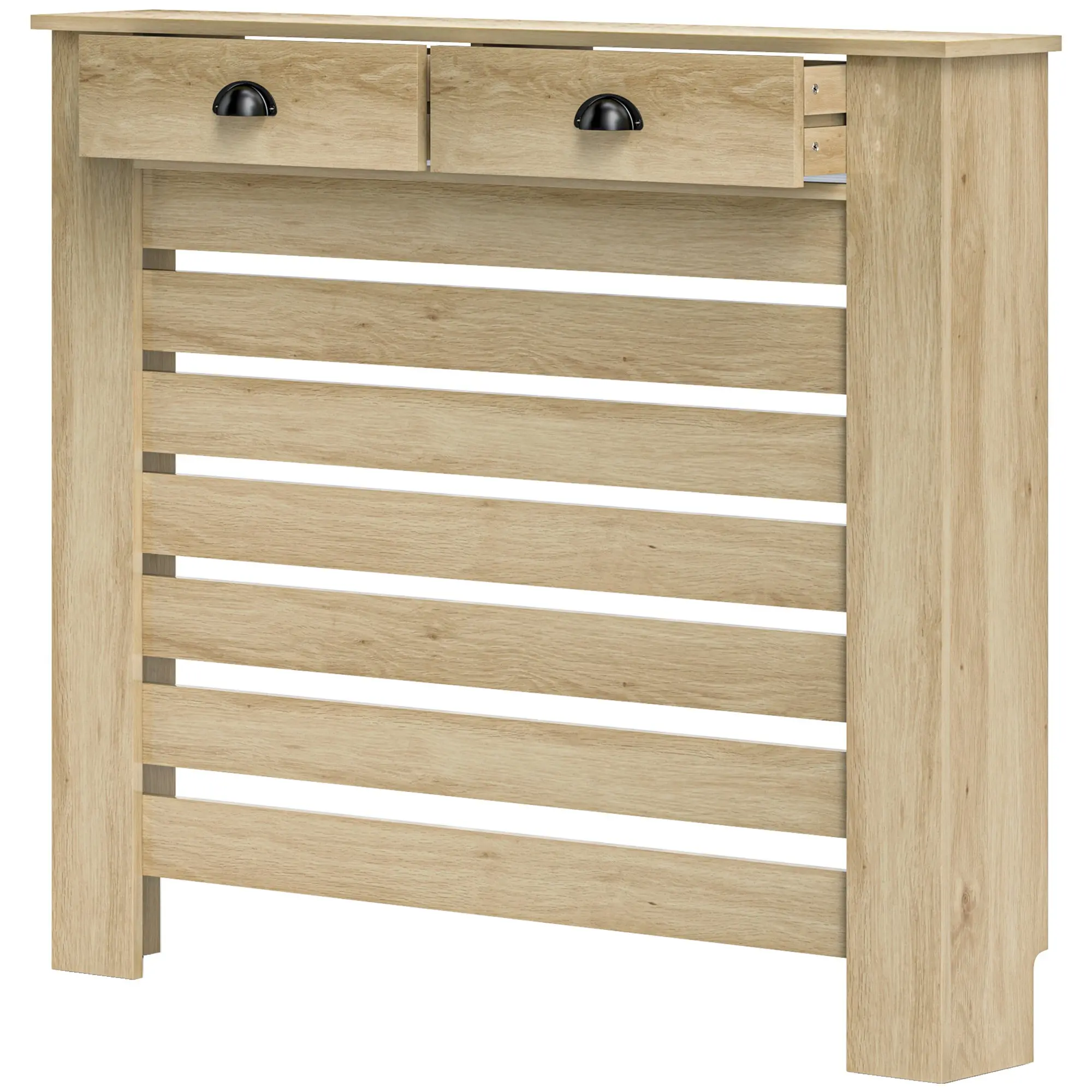 Couvercle de radiateur, cache radiateur, grille à lattes horizontales, avec 2 tiroirs, pour salon, chambre à coucher, couloir, en bois, 111 x 19 x 95,5 cm, chêne