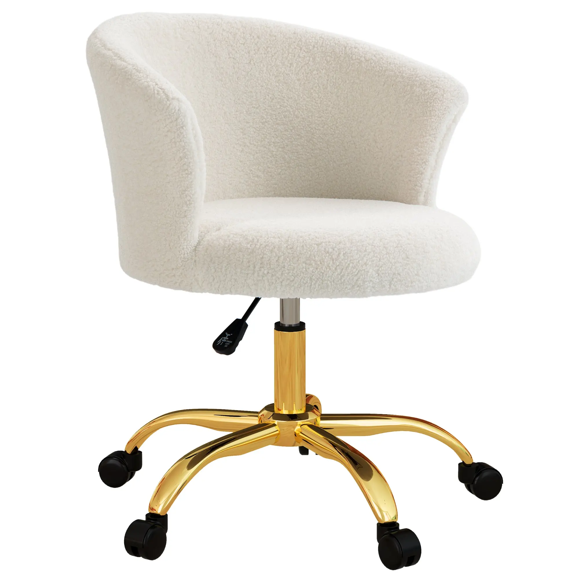 Chaise bureau ergonomique en polaire Teddy, chaise coiffeuse, fauteuil pivotante avec hauteur réglable, assise rembourrée et piètement acier doré, pour bureau, salon, chambre, blanc