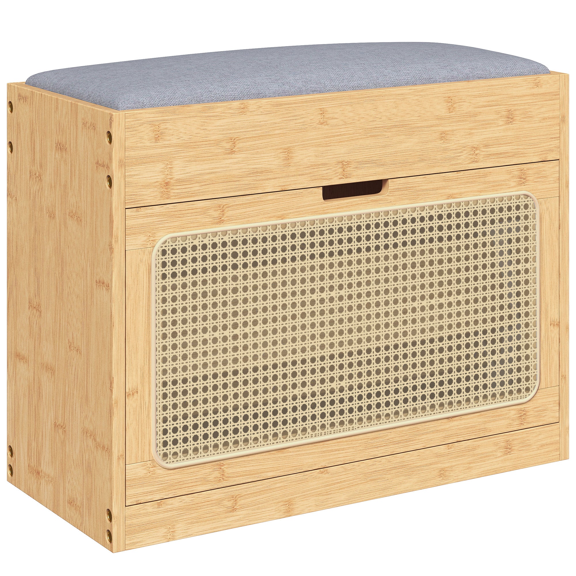 Banc chaussures entrée en bambou, banc de rangement, assise rembourrée, porte en rotin, tiroir rabattable et étagère réglable, style bohème, pour entrée, couloir, 63x29x48cm, bois naturel