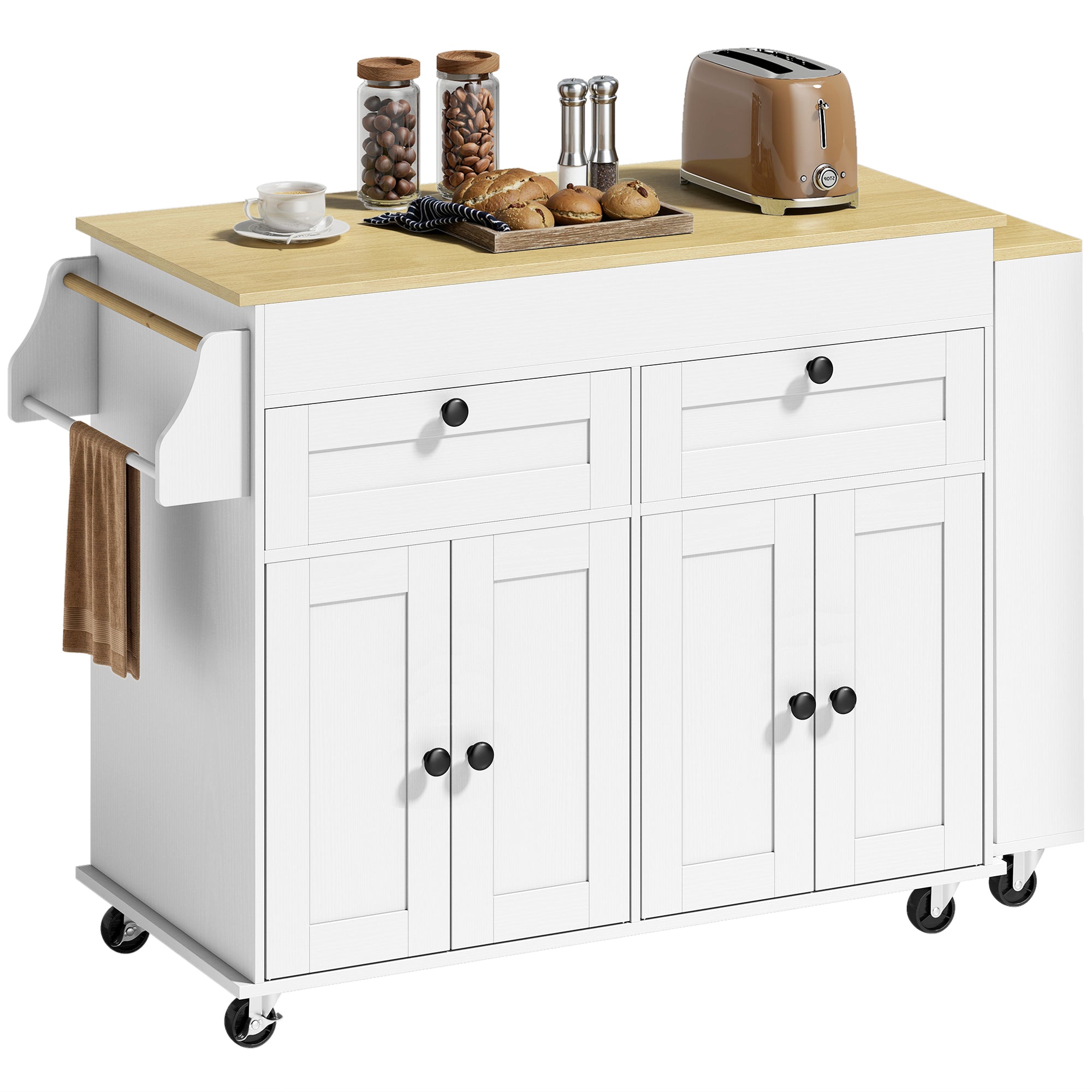 Îlot Central Cuisine avec Plateau Extensible, Desserte de Cuisine sur Roulettes avec 2 Tiroirs, 4 Portes, Porte-Serviettes et Porte-épices, Style Rustique,127,2-189,2 x 50 x 87,8 cm, Blanc