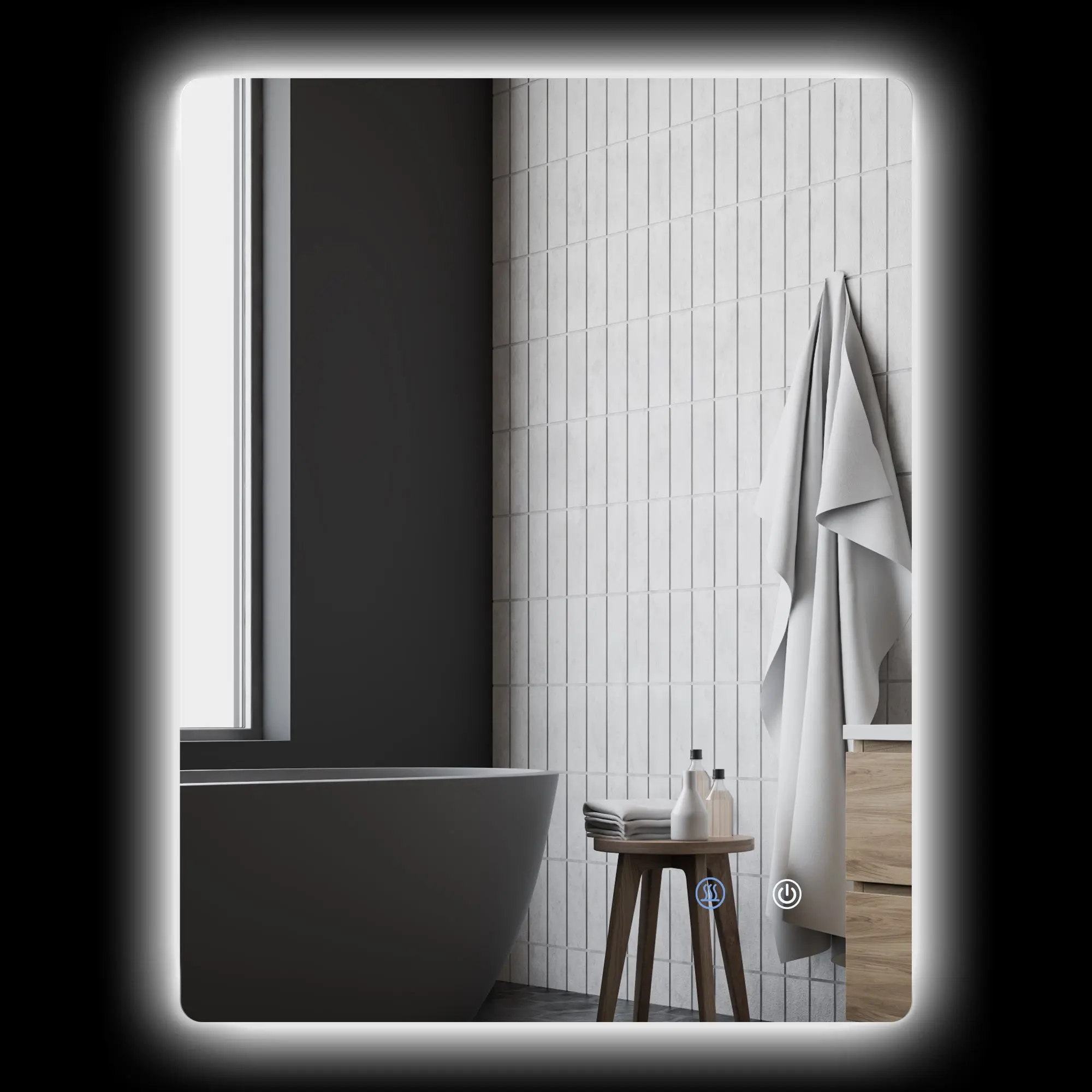 Miroir rectangulaire mural lumineux LED de salle de bain - 80 x 60 cm - 3 couleurs, luminosité réglable interrupteur tactile système antibuée blanc transparent