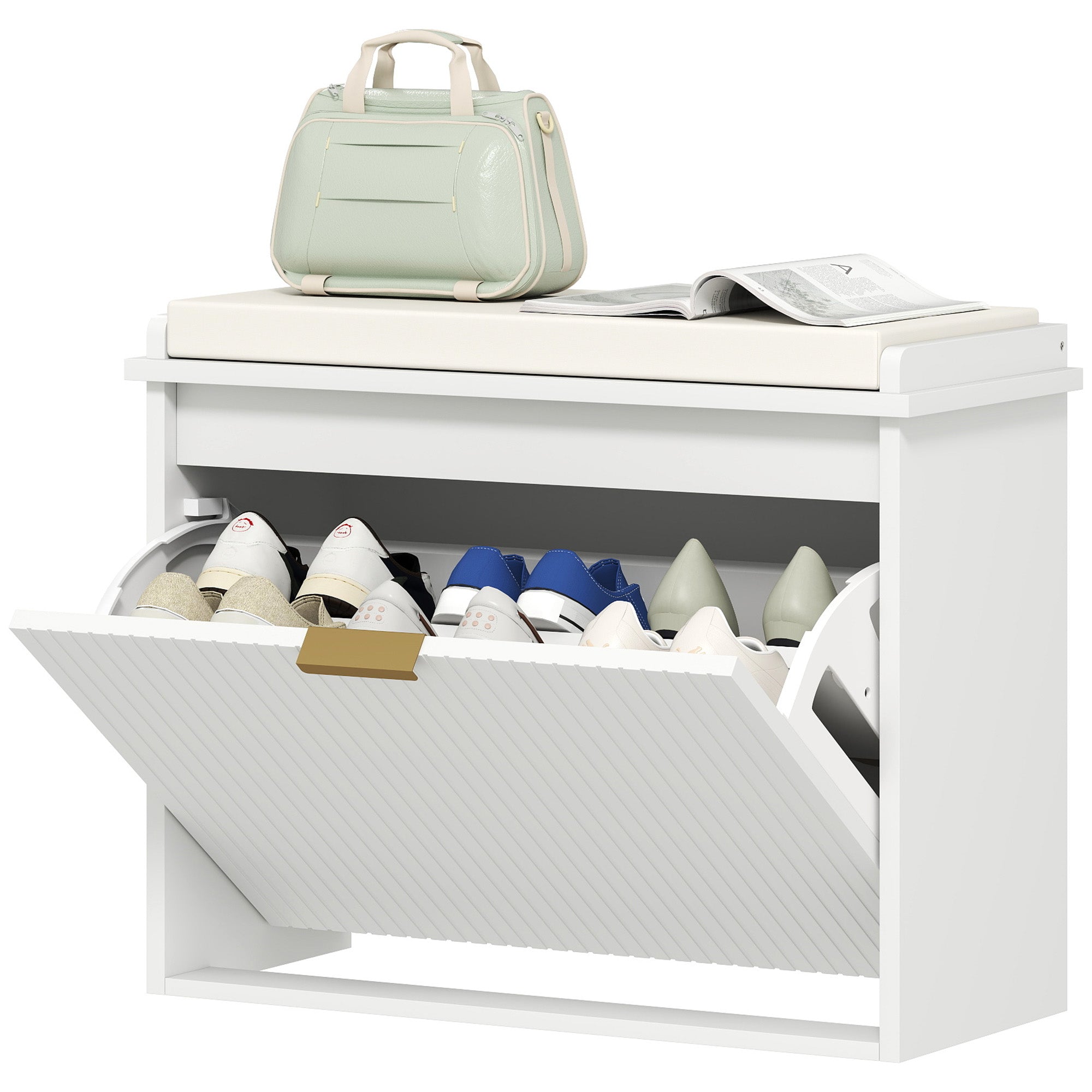 Banc à chaussures meuble à chaussures avec coussin d'assise rembourré et tiroir rabattable, banc d'entrée pour couloir, chambre, charge 120 KG, 62 x 26 x 47,5 cm, blanc