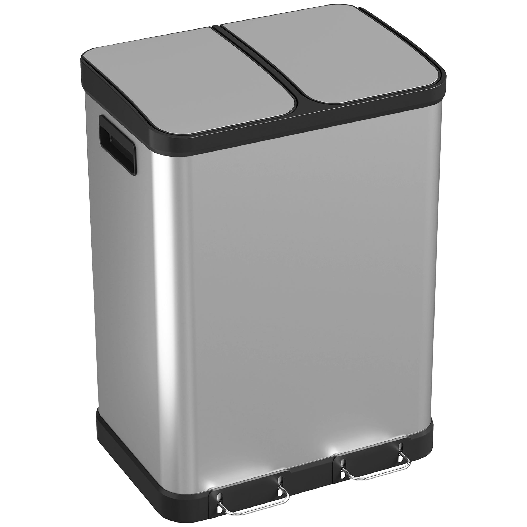 Poubelle à Double Compartiment 2x30L, Poubelle de Cuisine à Pédale en Acier Inoxydable, Couvercle à Fermeture Douce, Seaux Intérieurs Amovibles, Poignées, Anti-Traces, Argent