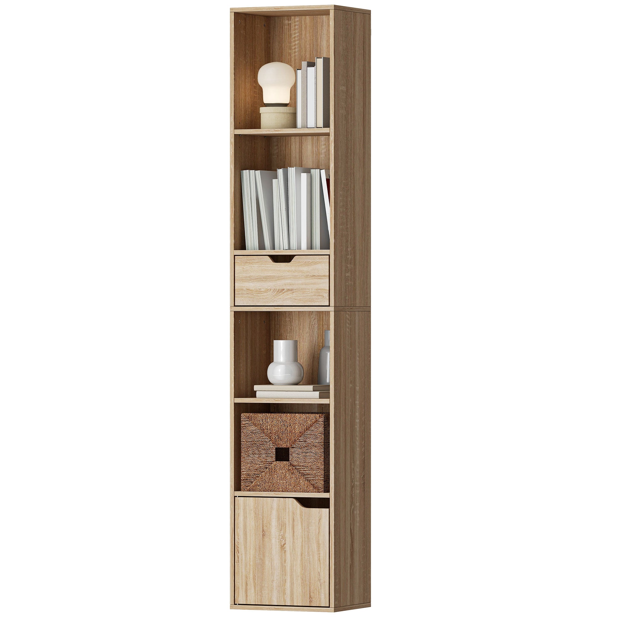 Bibliothèque, étagère à livres, meuble de rangement avec tiroir, placard et compartiments ouvertes, étagère de rangement pour salon, chambre bureau, 30 x 24 x 158 cm, bois naturel
