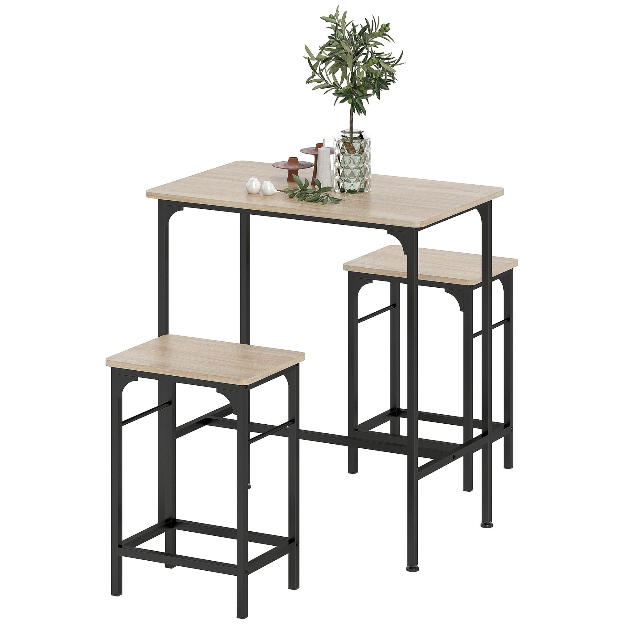 Ensemble table de bar avec tabourets, table à manger debout avec 2 chaises de bar, cadre en acier pour cuisine, salle à manger et salon, effet bois naturel