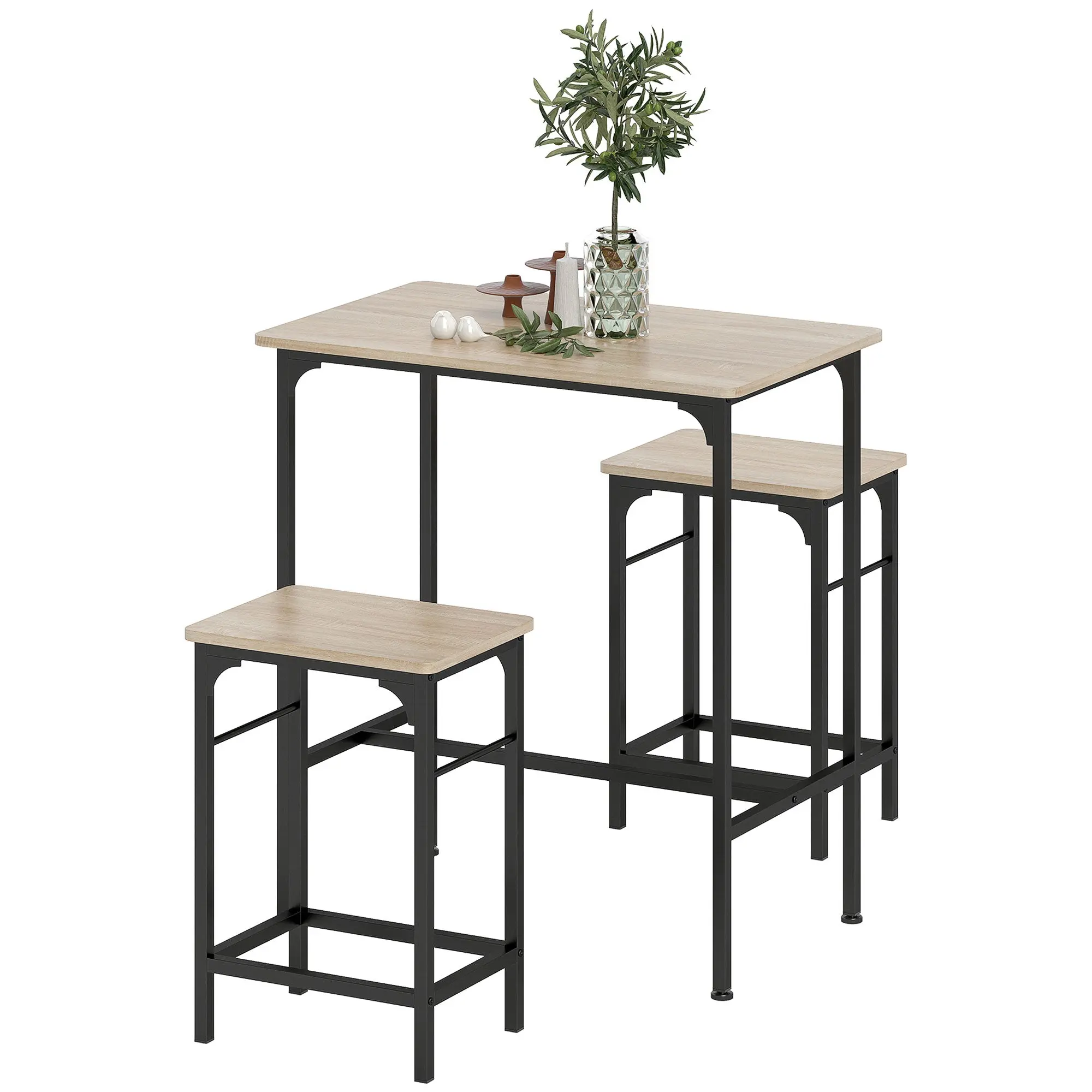 Ensemble table de bar avec tabourets, table à manger debout avec 2 chaises de bar, cadre en acier pour cuisine, salle à manger et salon, effet bois naturel