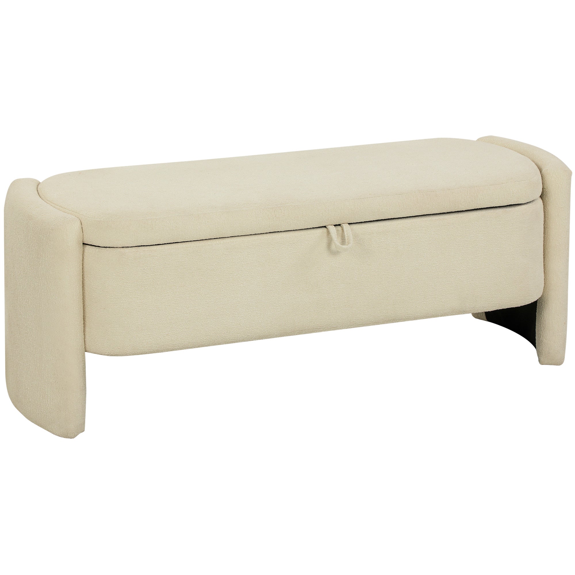 Banc Bout de Lit Banquette, 118x42x45cm, Banc de Rangement Rembourré en Tissu Bouclé, Pieds en Bois d'Eucalyptus, Charge 220 Kg, Coffre de Rangement pour Chambre à Coucher ou Entrée, Crème