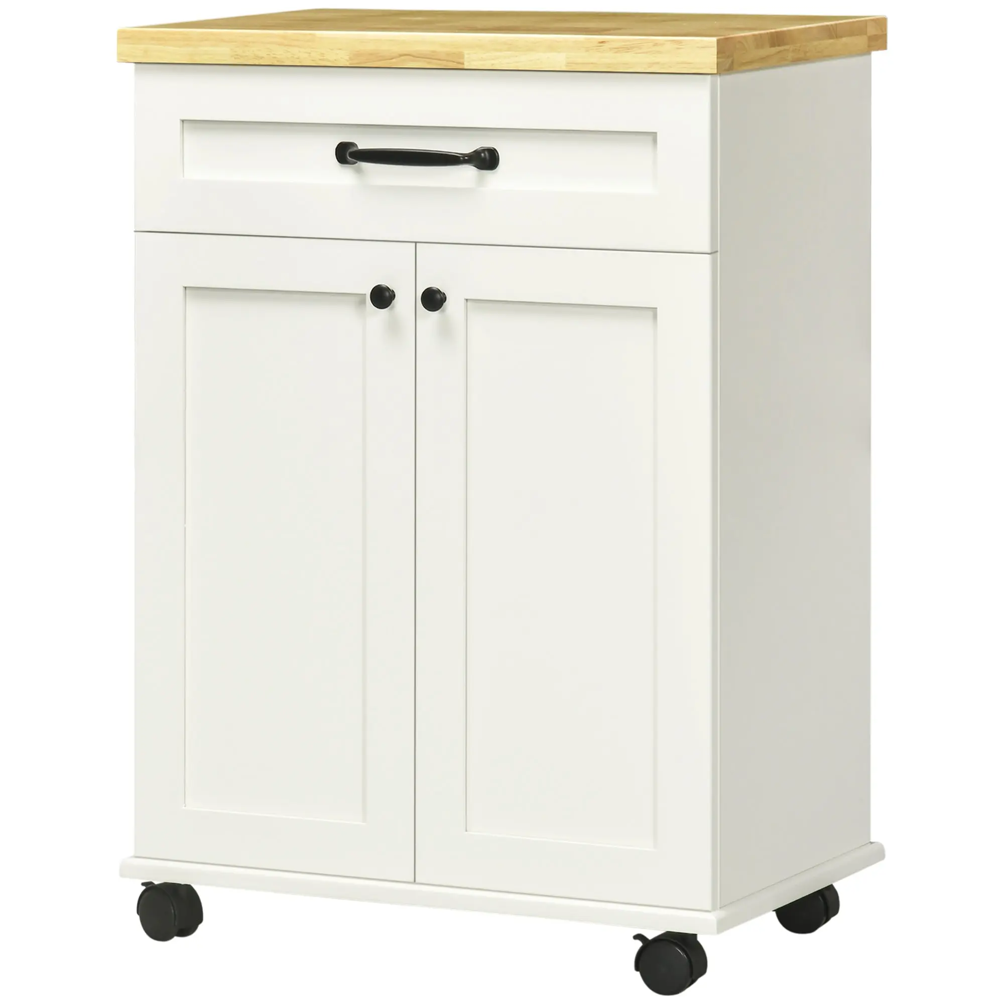 Desserte de cuisine desserte à roulettes chariot de cuisine multi-rangements 1 tiroir 1 placard 1 portes-torchons - blanc et plateau en bois