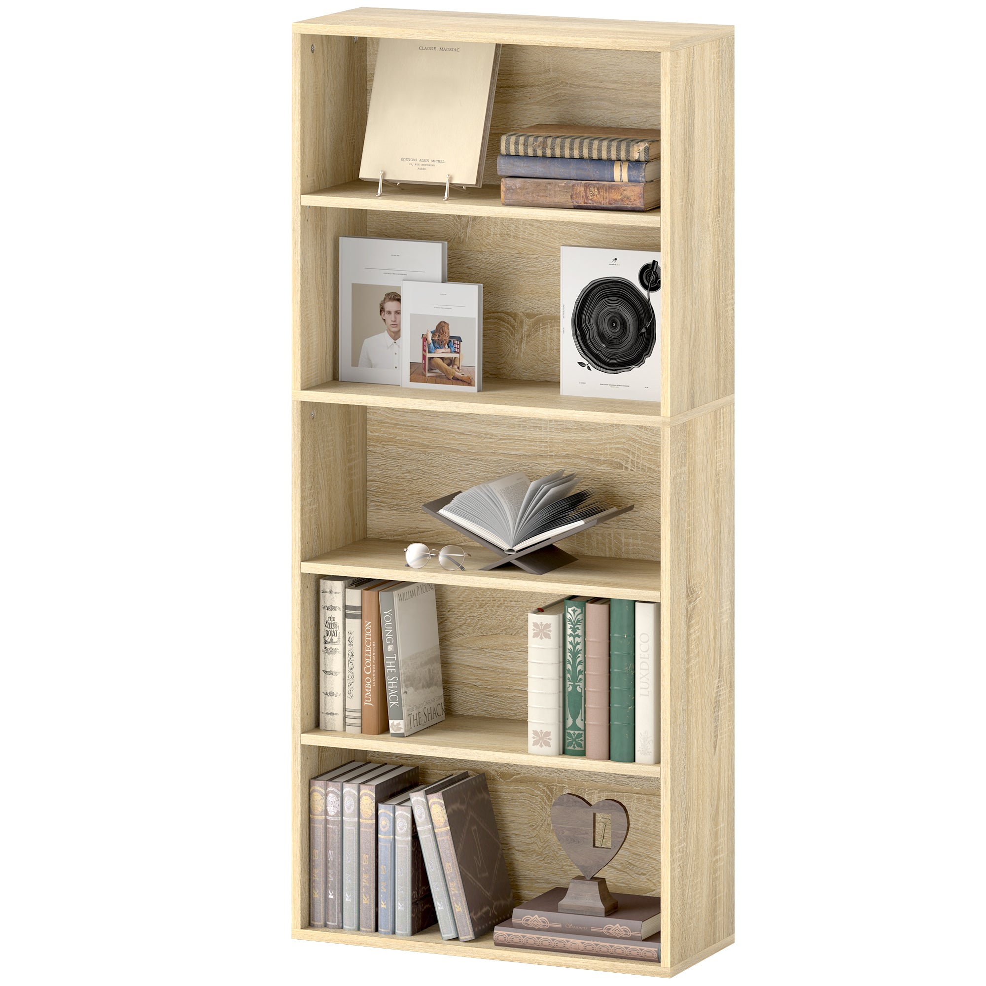 Bibliothèque, étagère de rangement 5 niveaux, meuble de rangement avec étagères réglables pour salon, chambre à coucher, bureau, 60 x 24 x 133,5 cm, bois naturel