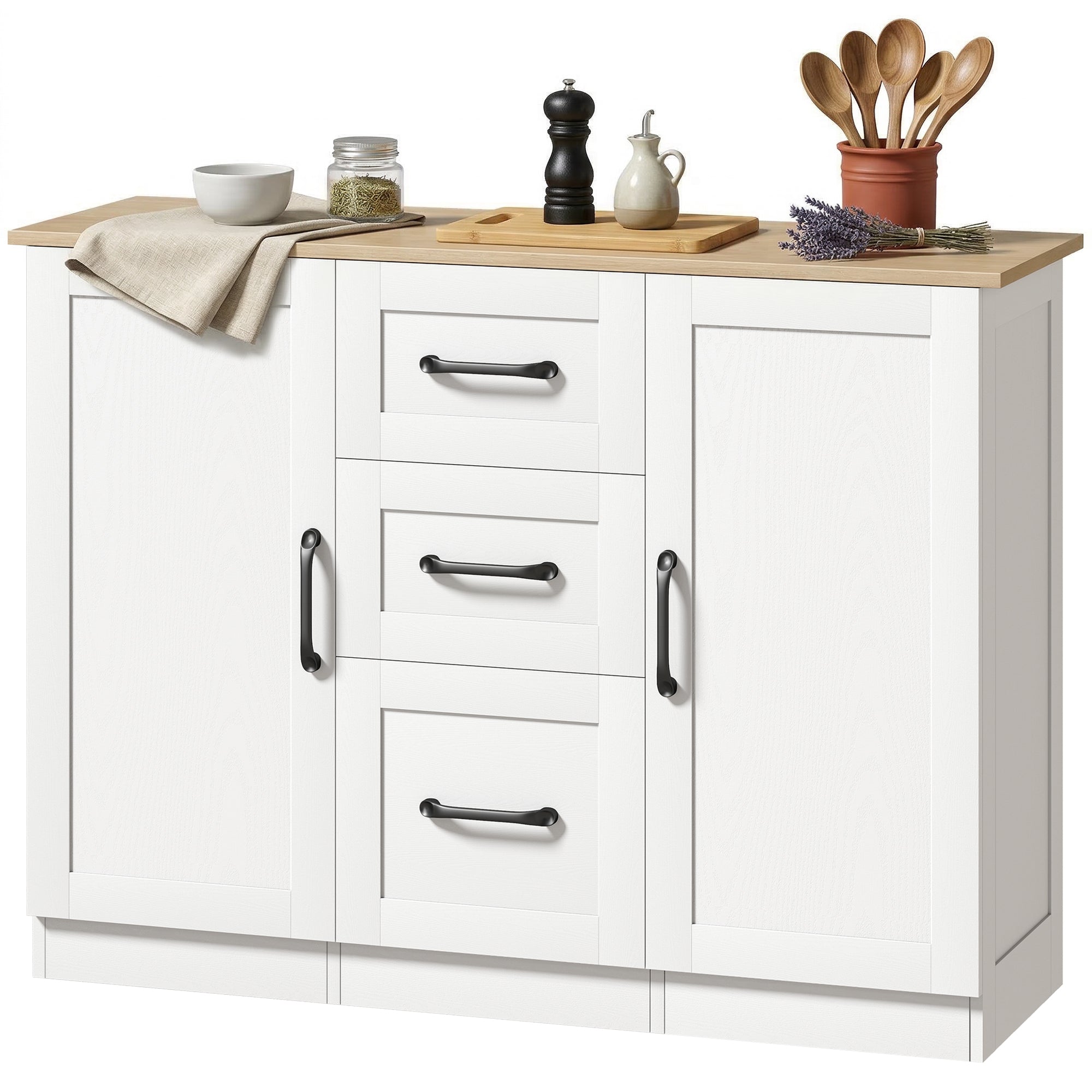Buffet salon, meuble de rangement avec 2 portes à fermeture douce et 3 tiroirs, style moderne, buffet salle à manger et cuisine, 110 x 35 x 80,4 cm, blanc et bois naturel
