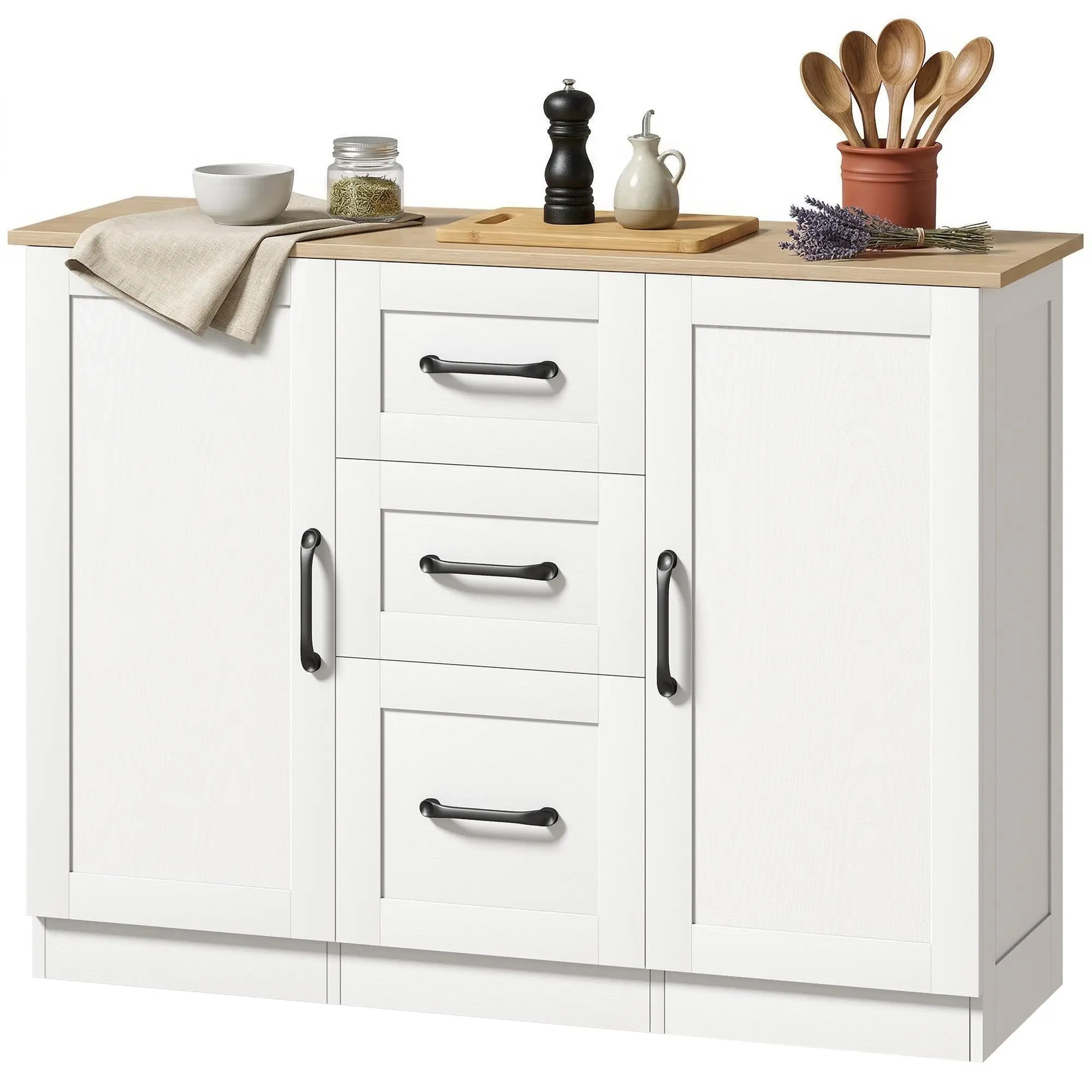 Buffet salon, meuble de rangement avec 2 portes à fermeture douce et 3 tiroirs, style moderne, buffet salle à manger et cuisine, 110 x 35 x 80,4 cm, blanc et bois naturel