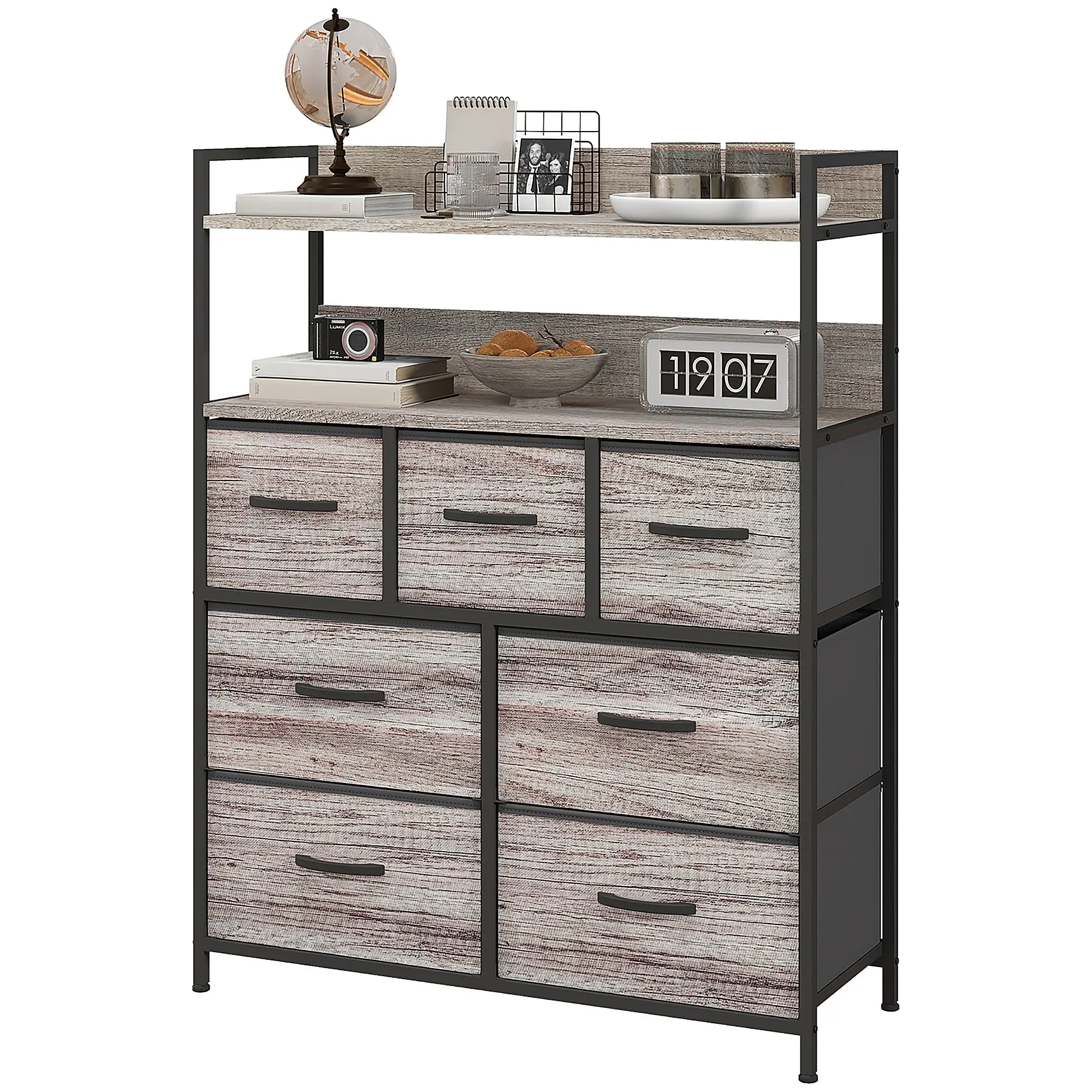 Commode chambre meuble de rangement commode 7 tiroirs en tissu pliables et amovibles avec étagères ouvertes et cadre en acier, chiffonnier pour salon, chambre, entrée, gris