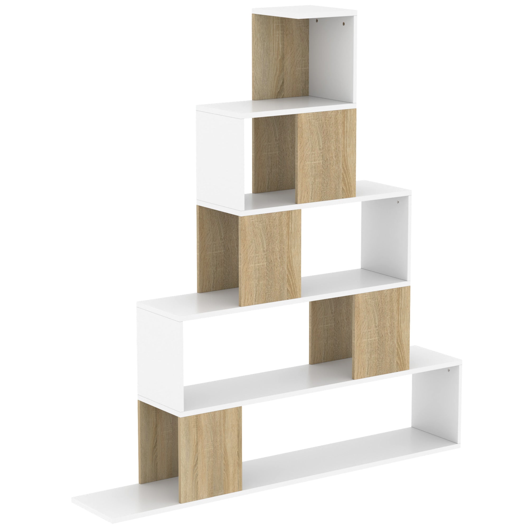 étagère de rangement, bibliothèque géométrique à 5 niveaux, pour bureau, salon, chambre, 120 x 22 x 131,5 cm, blanc et bois naturel