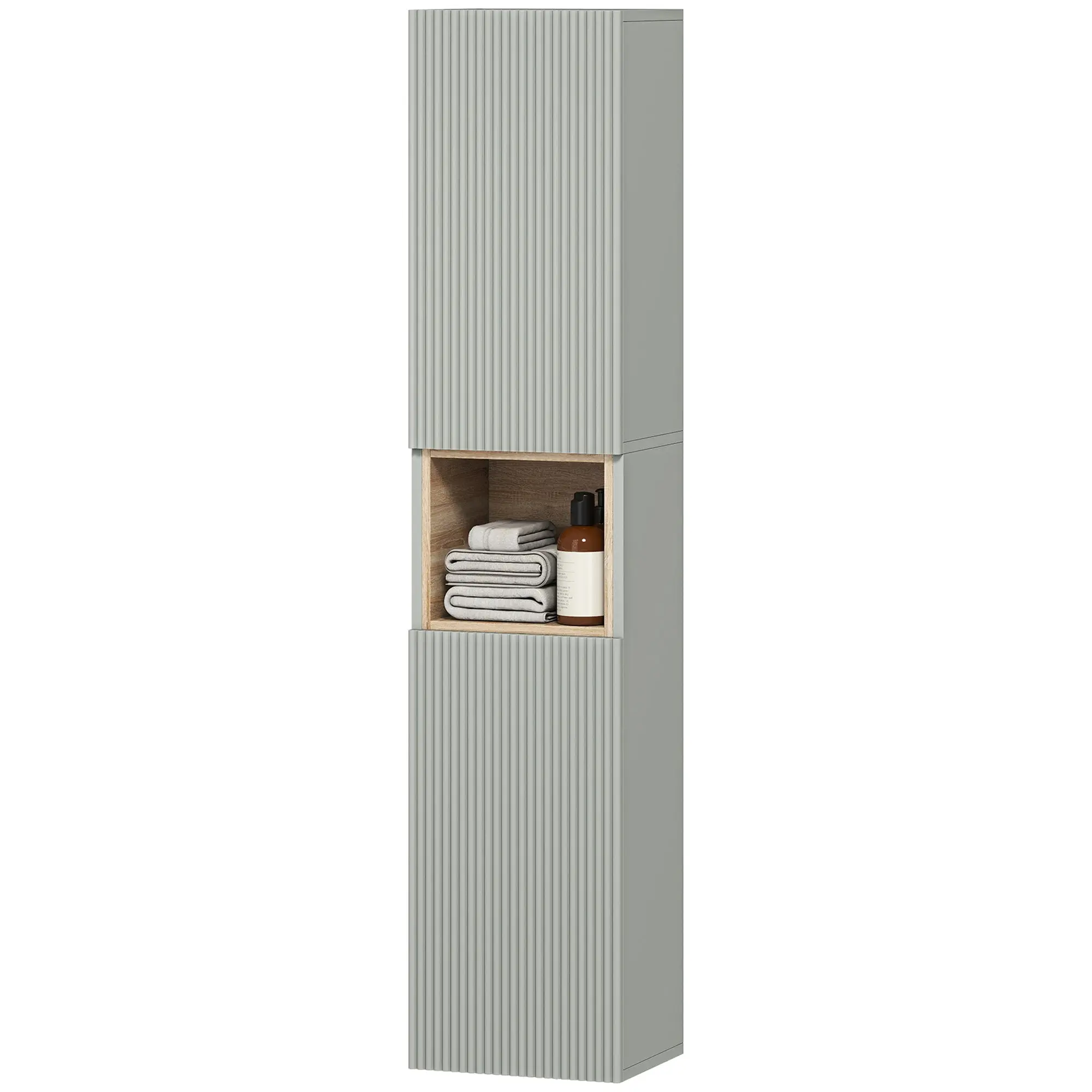 Meuble colonne salle de bain, meuble de rangement étroit avec 2 portes, compartiment ouvert et étagères réglables, pour toilette, petits espaces, 30 x 24 x 140 cm, vert
