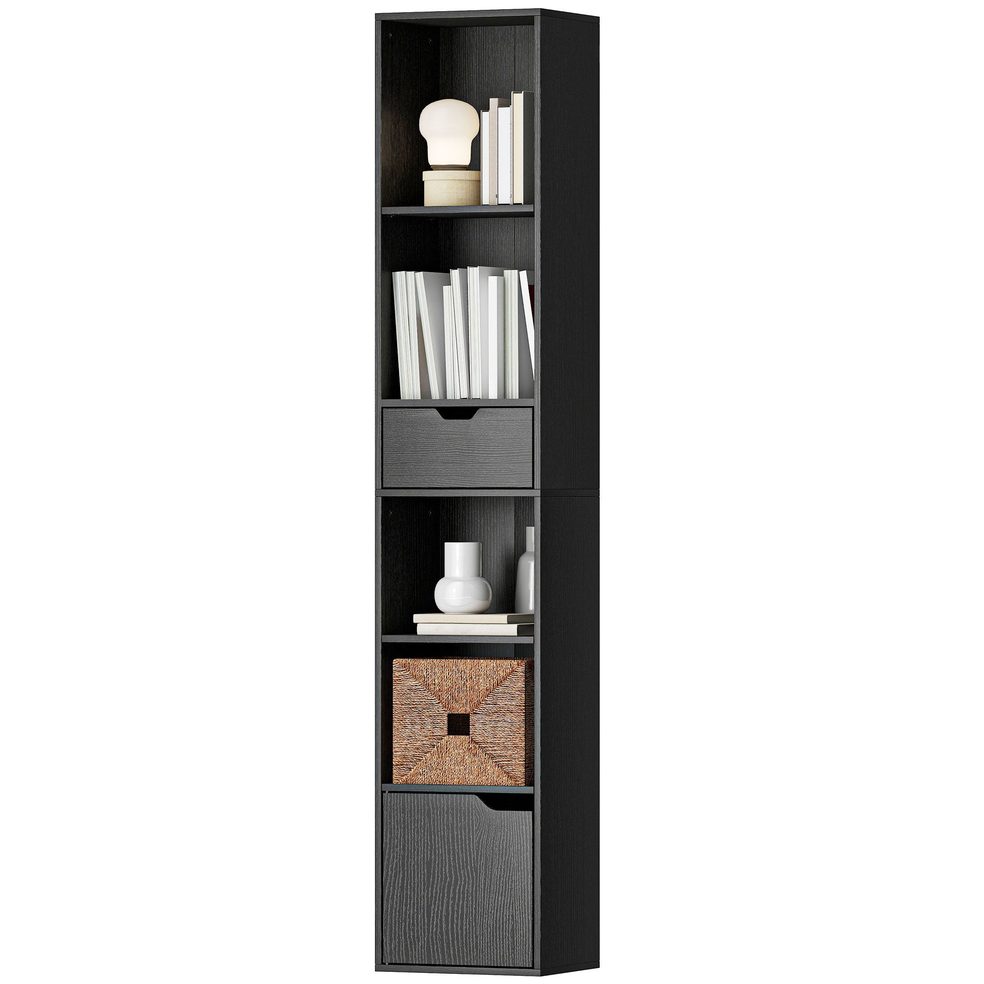 Bibliothèque Étagère à 6 Niveaux, Bibliothèque verticale gain de place avec armoire, étagère réglable et tiroir, pour salon chambre bureau studio, 30x24x158 cm, Noir
