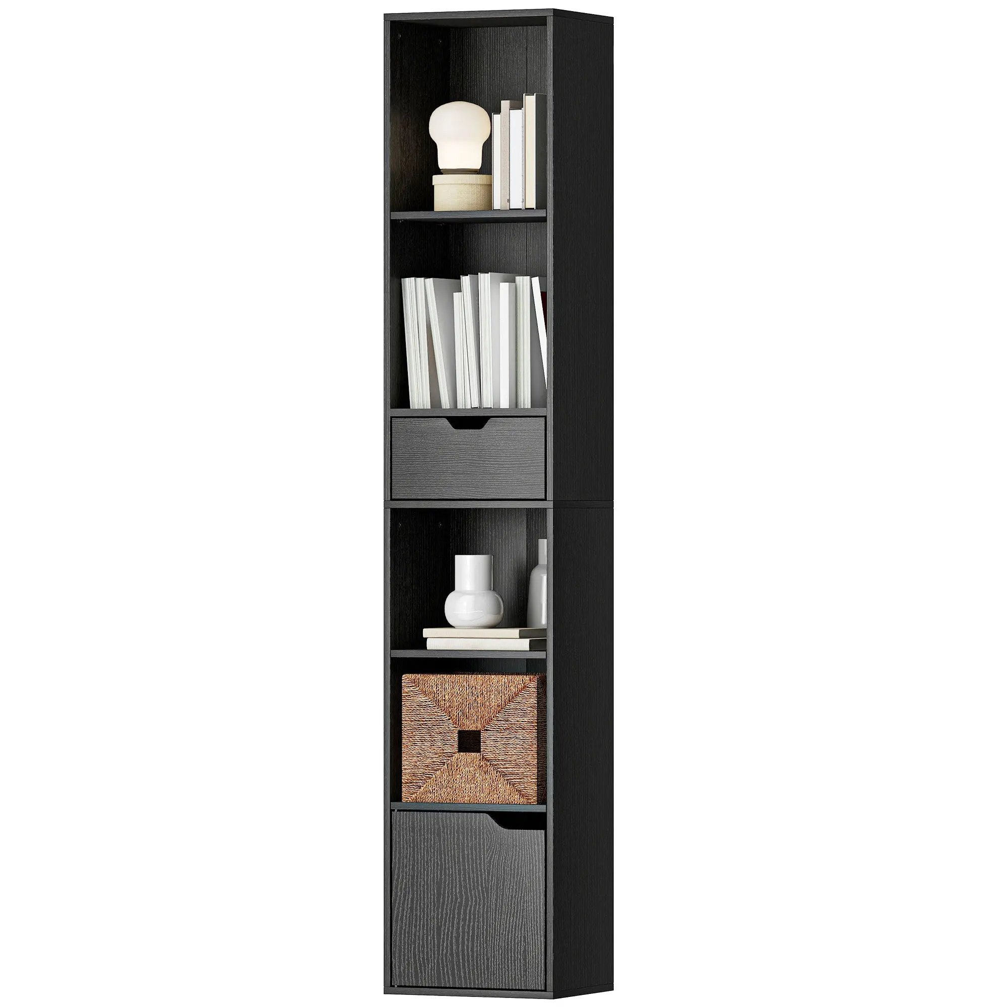 Bibliothèque Étagère à 6 Niveaux, Bibliothèque verticale gain de place avec armoire, étagère réglable et tiroir, pour salon chambre bureau studio, 30x24x158 cm, Noir
