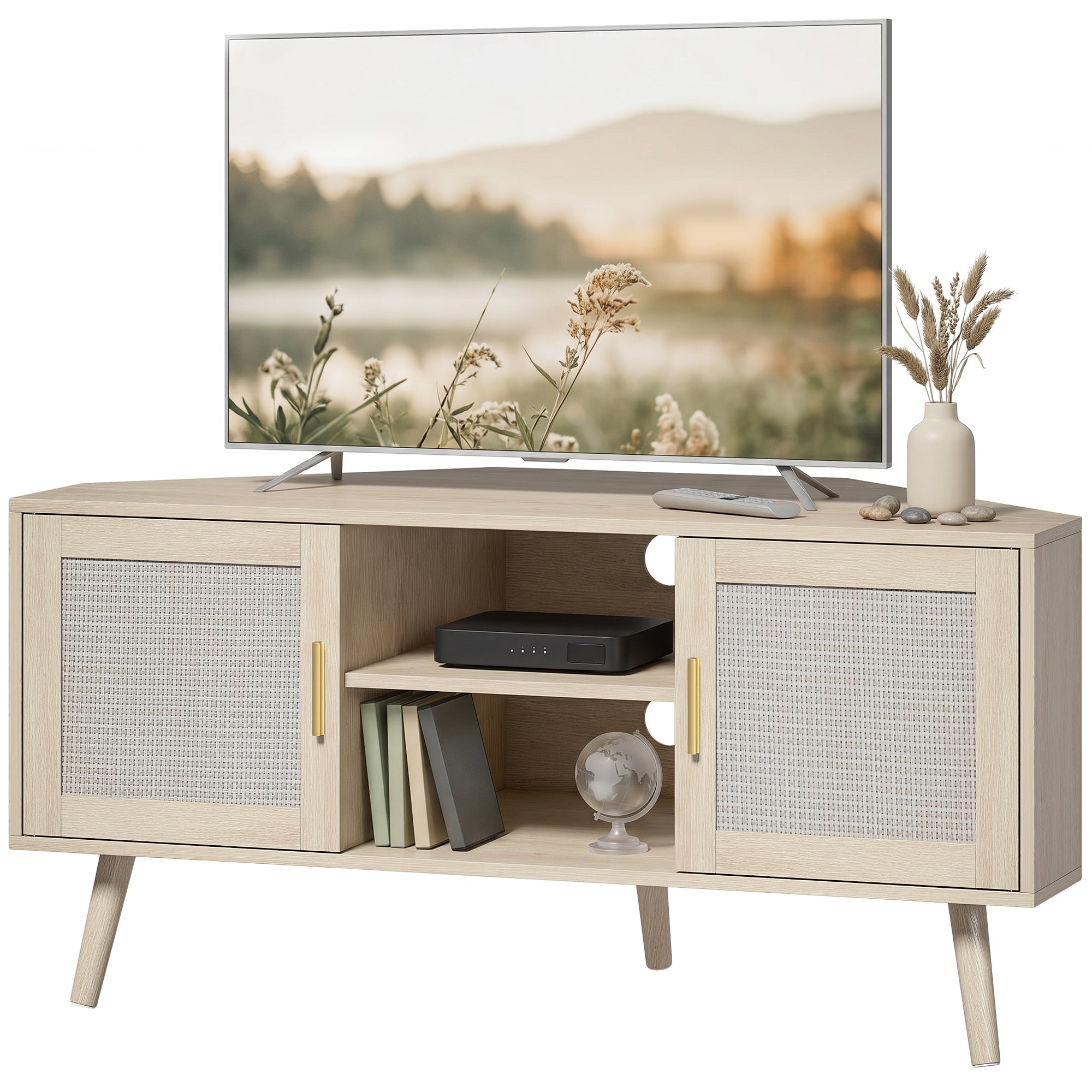 Meuble TV d'Angle 115 cm, Meuble Télé pour Téléviseur jusqu'à 65 Pouces avec 2 Portes en Rotin et 2 Compartiments Ouverts, Pieds en Bois de Pin, Style Bohème, Banc TV pour Salon, Chambre, Chêne