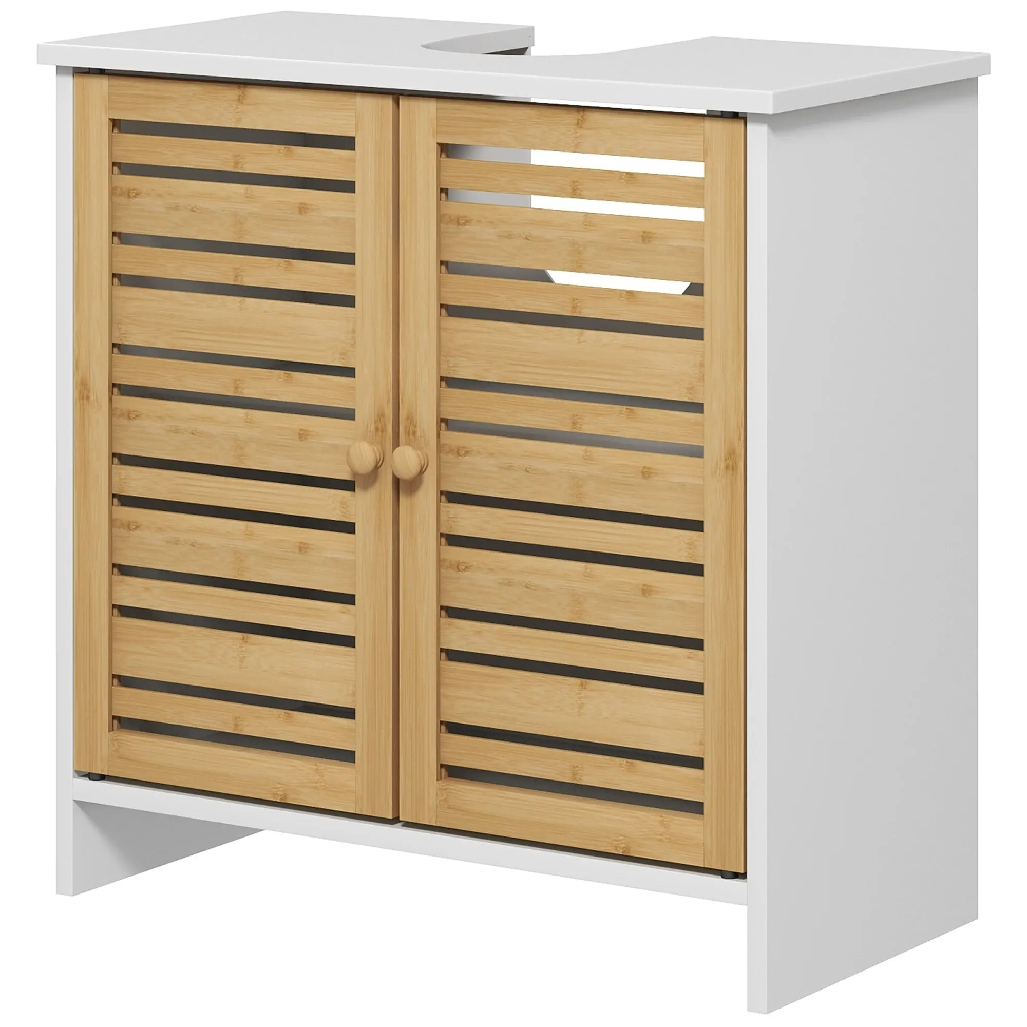 Meuble sous vasque meuble de salle de bain 2 portes avec étagère réglable armoire de rangement pour lavabo 60 x 30 x 60 cm en bambou naturel et blanc