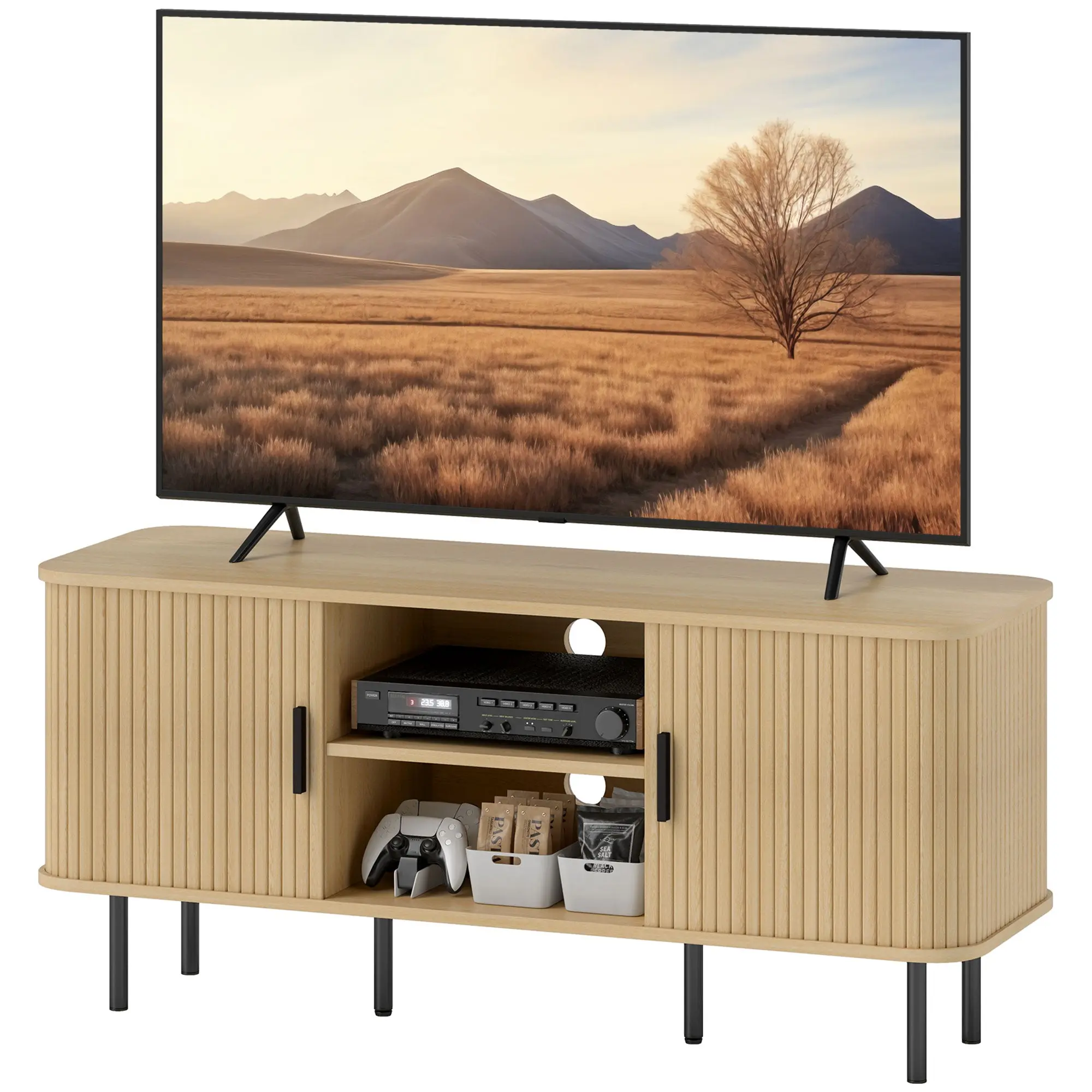 Meuble TV, banc TV, avec 2 portes tambour à lamelles, 120 cm, design scandinave, meuble TV pour télévision jusqu'à 55 pouces, ton chêne