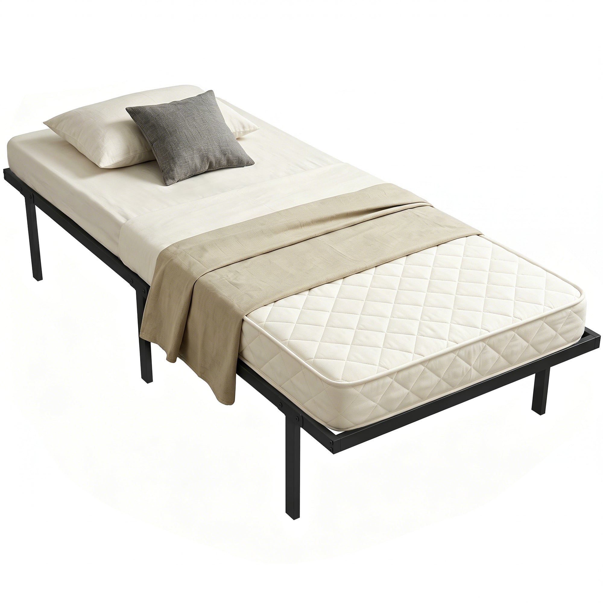 Cadre de lit 90 x 200 cm avec sommier, lit simple avec support à lattes en métal, rangement au-dessous de 35,5H cm, sans bruit, montage facile, noir