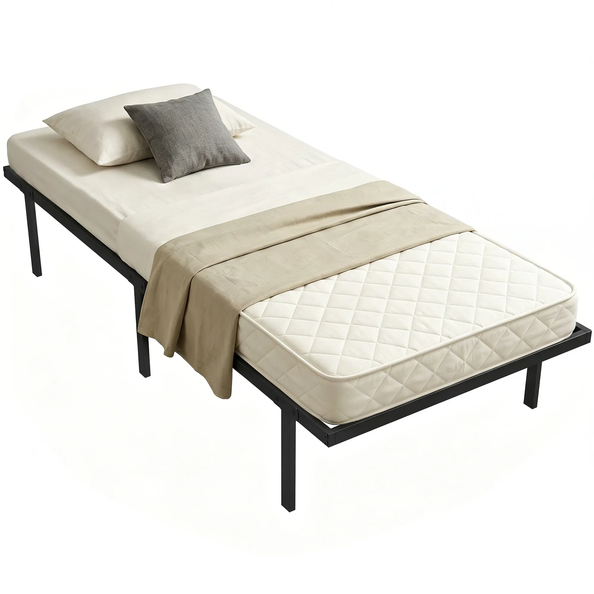 Cadre de lit 90 x 200 cm avec sommier, lit simple avec support à lattes en métal, rangement au-dessous de 35,5H cm, sans bruit, montage facile, noir