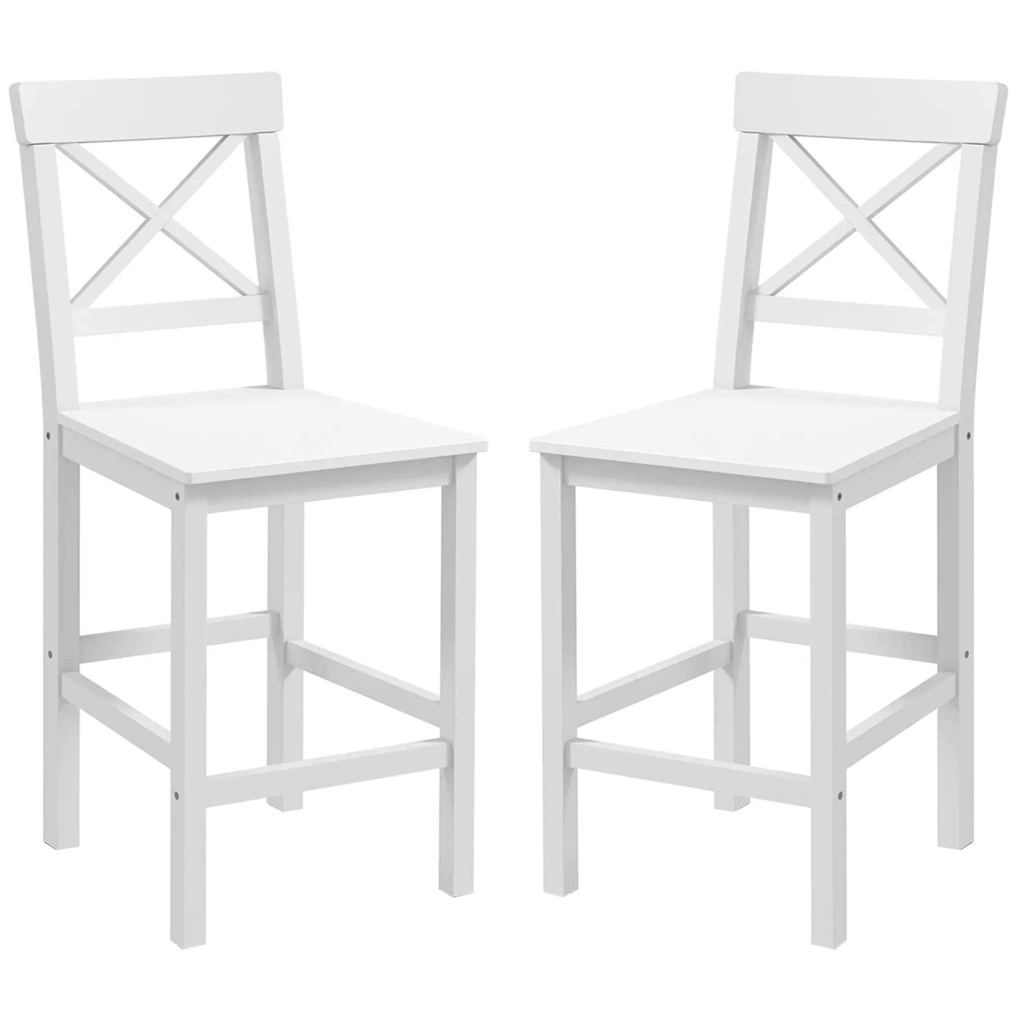 Lot de 2 chaises hautes, chaises de bar style campagne chic en bois hauteur 60 cm avec repose-pieds, dim. 41L x 46l x 97,5H cm blanc