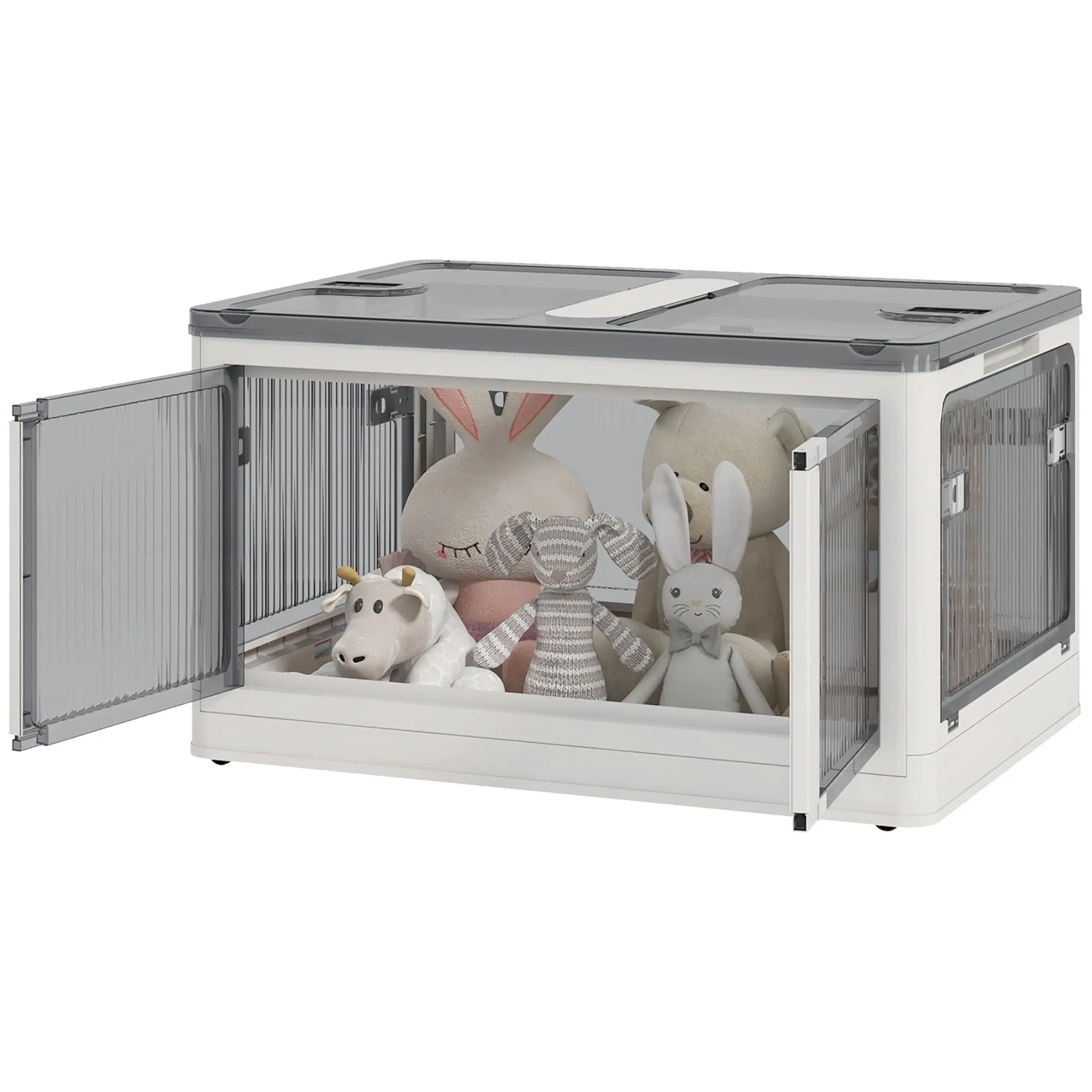 Boîte de rangement pliable et empilable 99L en plastique, caisse rangement cube avec couvercle et 4 roulettes, accès à 5 côtés, pour jouets et livres, blanc