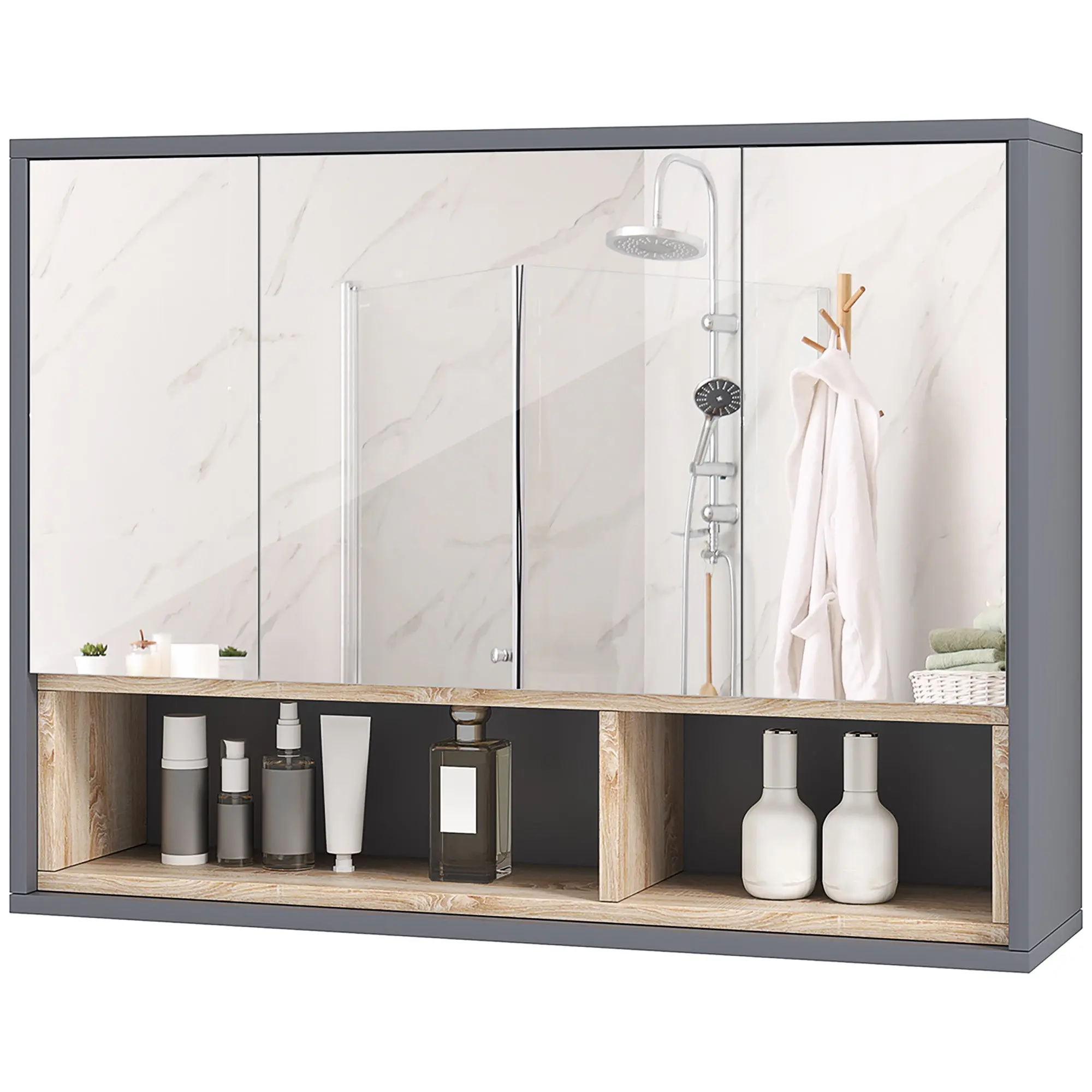 Armoire Murale, meuble salle de bain avec miroir armoire suspendue, miroir salle de bain avec rangement, placards à 3 portes et 8 compartiments, dim. 80L x 20l x 60H cm, gris
