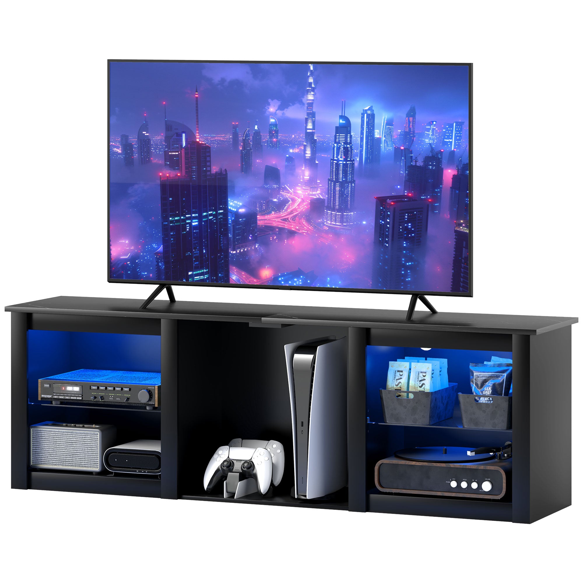 Meuble TV LED RGB meuble télé bois banc TV jusqu'à 65 pouces avec étagères en verre réglables, 5 niches, passe-cables et télécommande pour salon, chambre à coucher, dim. 160 x 35 x 53 cm, noir