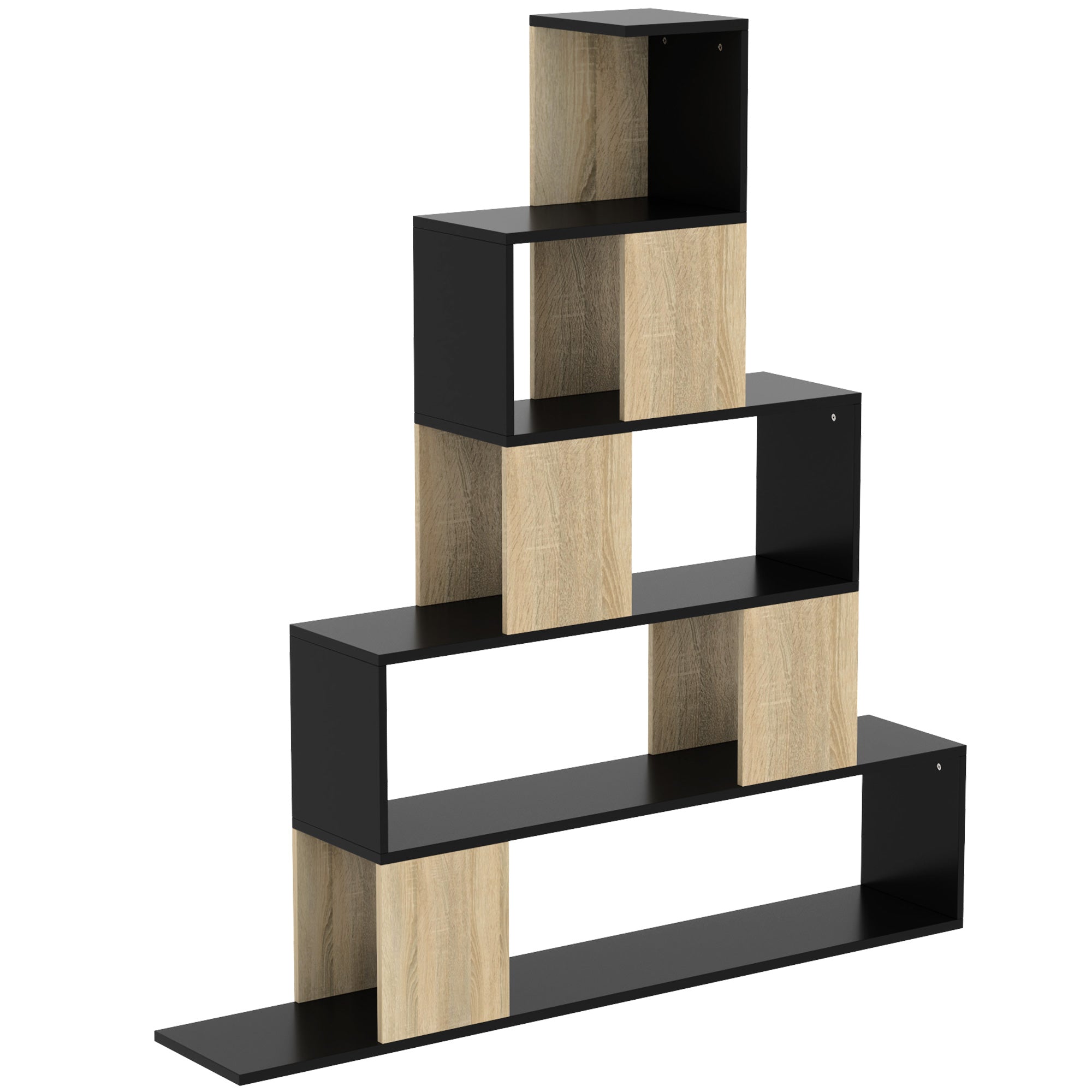 étagère de rangement, bibliothèque géométrique à 5 niveaux, pour bureau, salon, chambre, 120 x 22 x 131,5 cm, noir et bois naturel