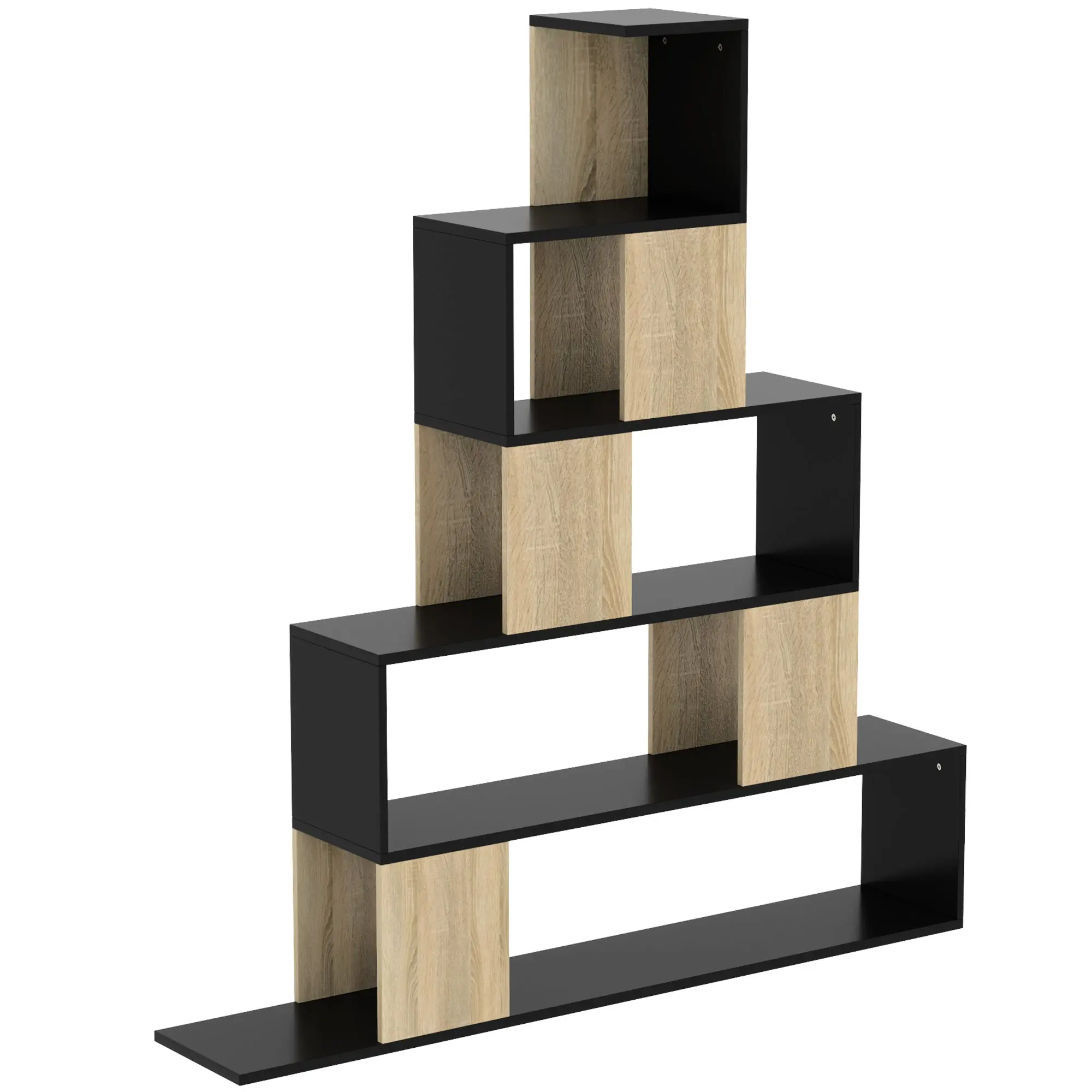 étagère de rangement, bibliothèque géométrique à 5 niveaux, pour bureau, salon, chambre, 120 x 22 x 131,5 cm, noir et bois naturel