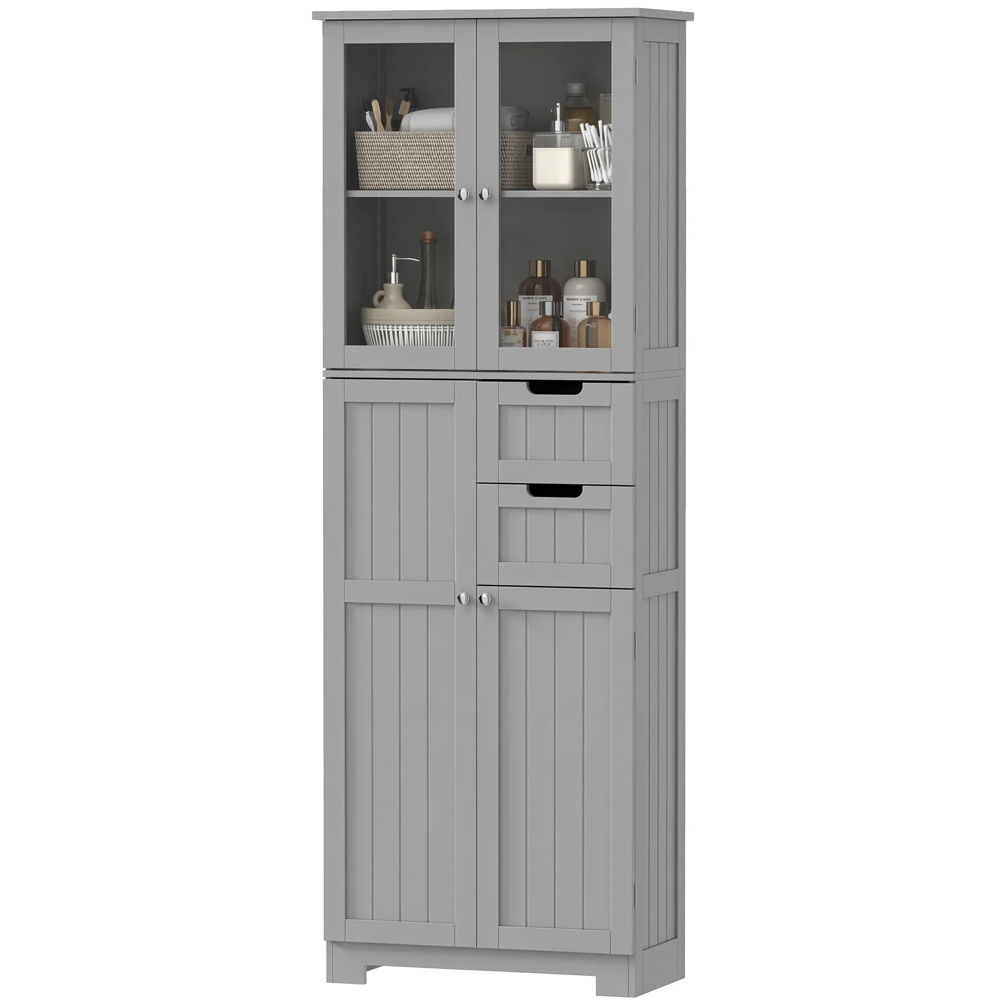 Meuble de salle de bain haut, meuble de rangement, colonne salle de bain avec 4 portes dont 2 vitrées, 2 tiroirs et étagères réglables, style moderne, pour salon, chambre, 60x30x170cm, blanc