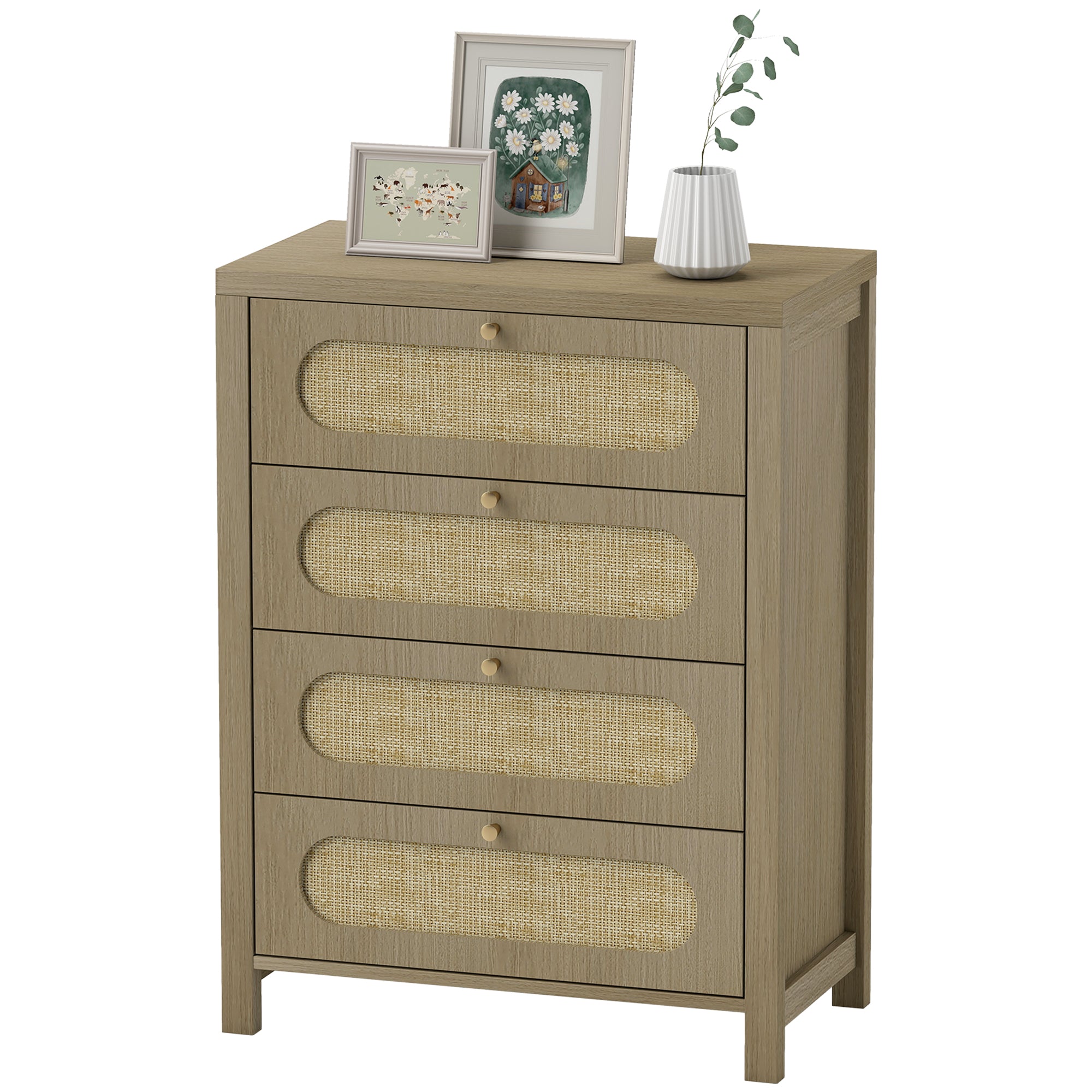 Commode 4 tiroirs meuble de rangement style bohémienne avec portes en résine tressée, poignées dorés, commode chambre à coucher, salon - 70 x 38 x 93 cm, effet bois naturel