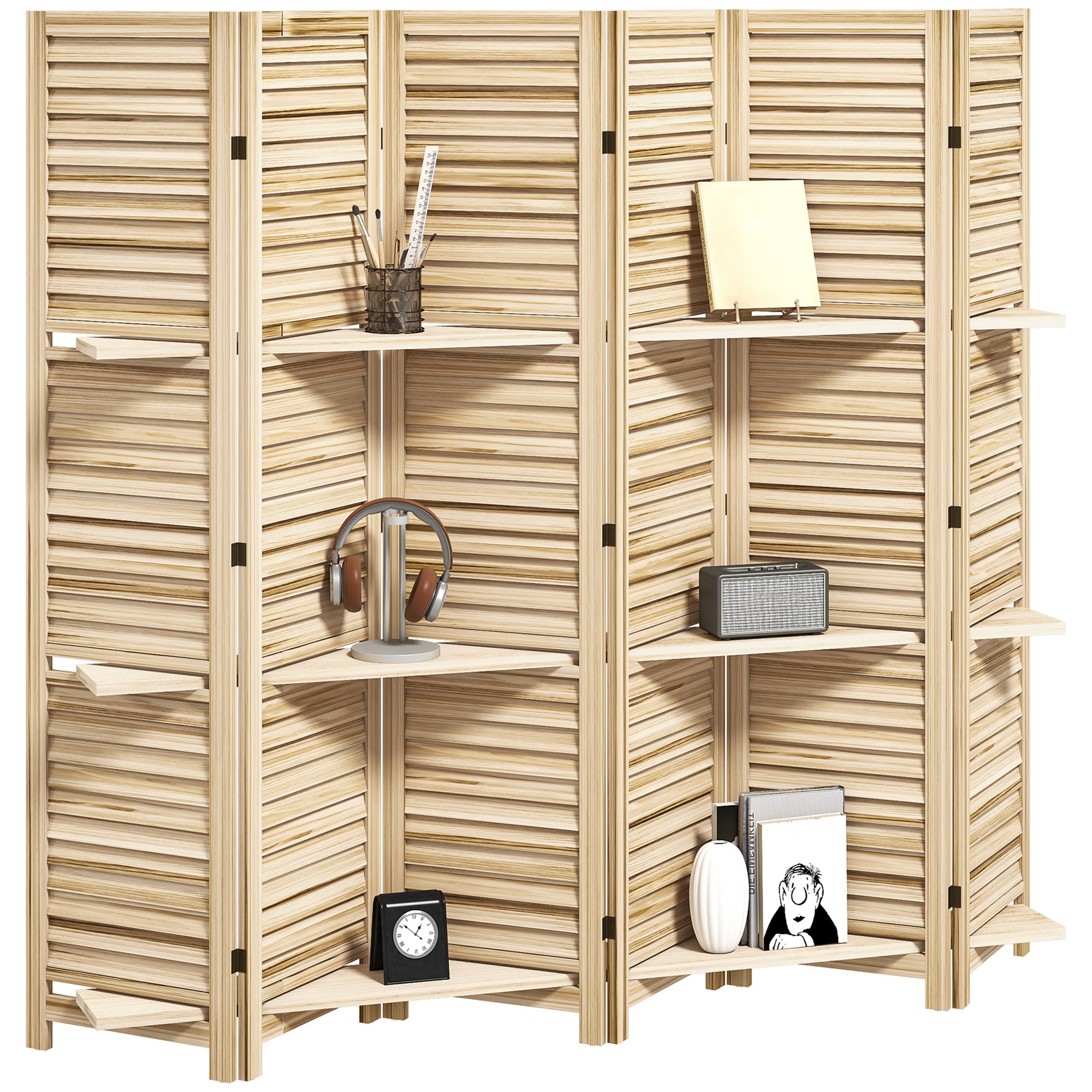 Paravent intérieur en bois 6 panneaux 240 x 170 cm, séparateur de pièce pliable avec 3 étagères, cloison de séparation pour salon, chambre à coucher, maison, bois naturel avec finition brûlée