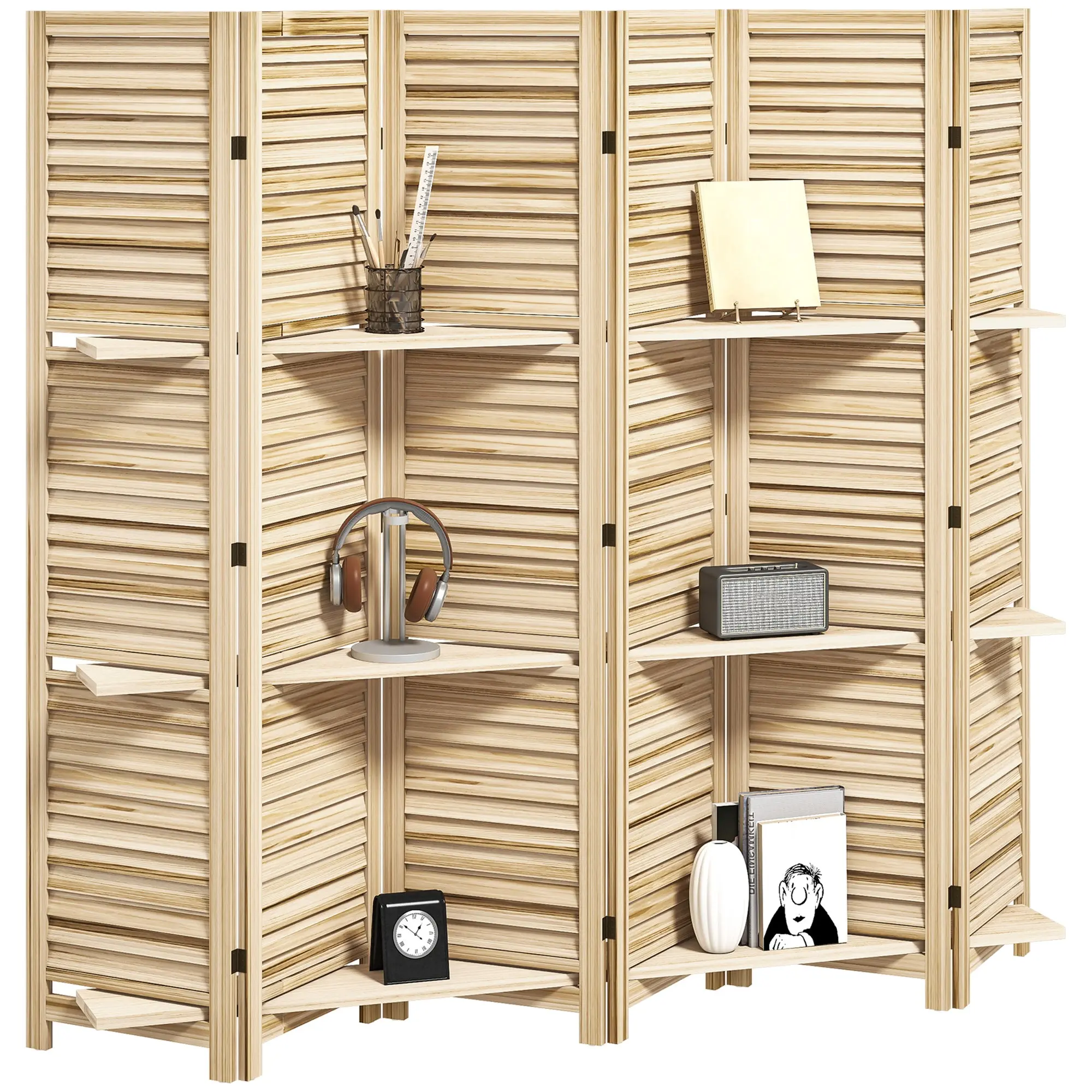 Paravent intérieur en bois 6 panneaux 240 x 170 cm, séparateur de pièce pliable avec 3 étagères, cloison de séparation pour salon, chambre à coucher, maison, bois naturel avec finition brûlée