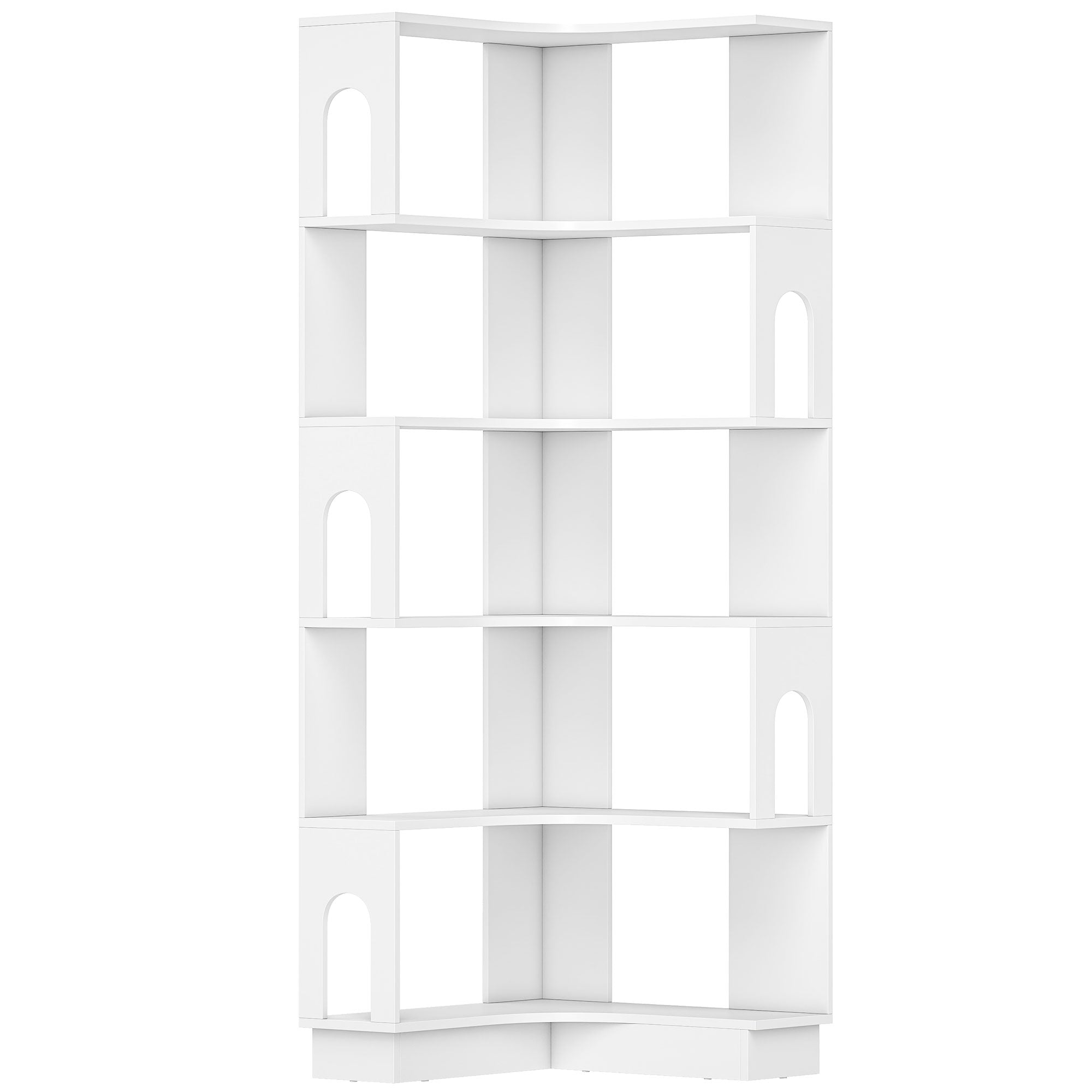 Bibliothèque d'angle, étagère de rangement à 6 niveaux avec panneaux latéraux arqués, style moderne, meuble de rangement pour bureau, salon, chambre, 60 x 60 x 165,5 cm, blanc