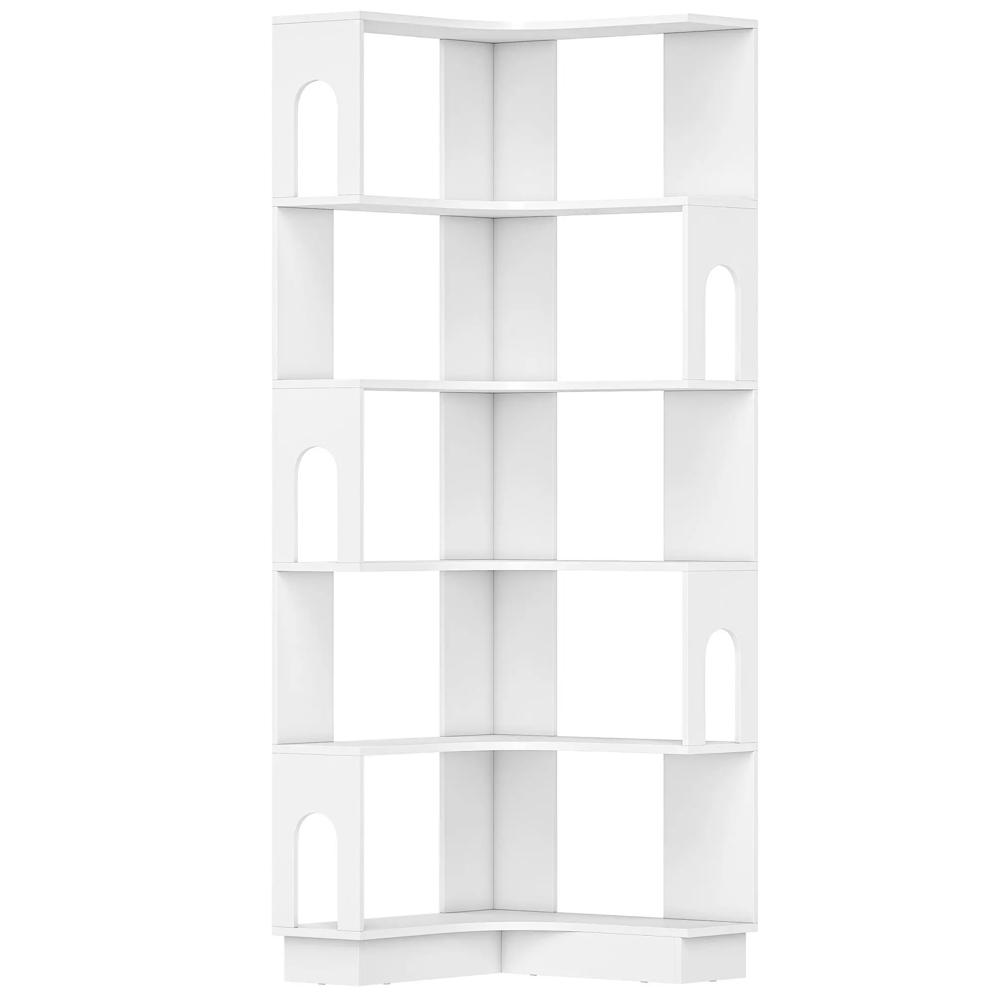 Bibliothèque d'angle, étagère de rangement à 6 niveaux avec panneaux latéraux arqués, style moderne, meuble de rangement pour bureau, salon, chambre, 60 x 60 x 165,5 cm, blanc